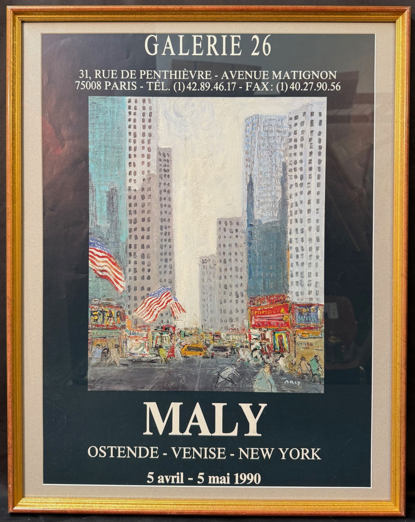 ORIGINAL MICHEL MALY (1936-2018) ART EXHIBITION POSTER FOR 4 CITY TOUR IN 1990, 23IN x 29.5IN (58cm: Michel Maly (1936-2018) original exhibition poster for a four-city tour in 1990 that went to Paris, Ostende, Venice and New York. The underlying piece is a cityscape of New York City, possibly Times S