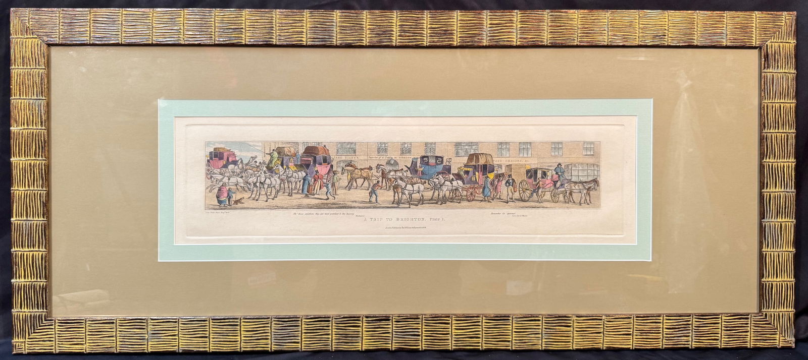 JOHN DEAN PAUL (1775-1852) ETCHING AND HAND COLORED AQUATINT TITLED A TRIP TO BRIGHTON. PLATE 1.: John Dean Paul (1775-1852) etching and hand colored aquatint shows full plate indents and was printed on cream stock paper. This piece is titled A Trip to Brighton, Plate 1. This piece was published i