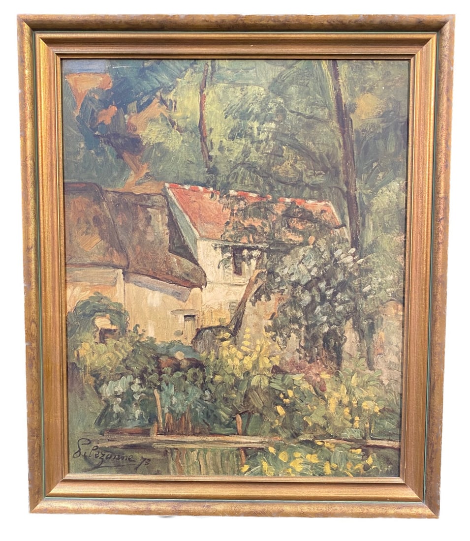 PAUL CEZANNE (1839-1906) PRINT ON BOARD TITLED HOUSE OF PERE LACROIX – 24IN x 28IN (61cm x 71cm): Paul Cezanne (1839-1906) print on board titled House of Pere LaCroix, after the original which was painted in 1873. It measures 24 inches x 28 inches. It is mounted and framed in a simple wooden frame
