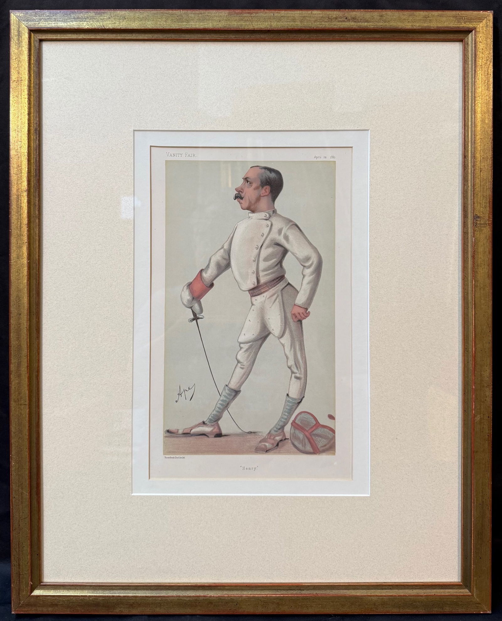 ORIGINAL VANITY FAIR CARICATURE OF LIEUTENANT-COLONEL HENRY STRACEY WITH COA, 1880, 20IN x 25IN: This is an original Vanity Fair caricature lithograph titled “Henry”, published on April 24, 1880, featuring Lieutenant-Colonel Sir Henry Stracey of the Scots Guards. It was drawn by the celeb
