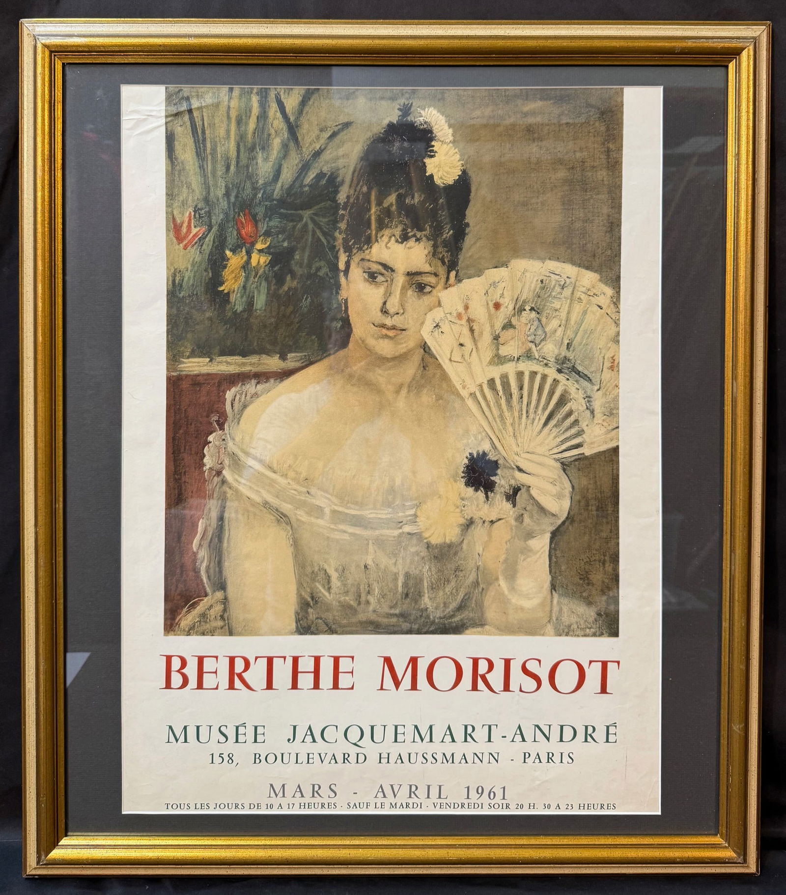 BERTHE MORISOT (1841-1895) ORIGINAL MUSEE JACQUEMART-ANDRE EXHIBITION LITHOGRAPH POSTER, 25IN x 29IN: Original Berthe Morisot (1841-1895) lithograph poster for an exhibition at the Musee Jacquemart-Andre in 1961 in Paris. The underlying piece used for the poster is titled At The Ball, which is after t