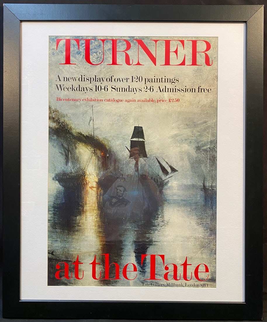 ORIGINAL WILLIAM TURNER (1775-1851) TATE BRITAIN EXHIBITION POSTER, 29.5IN x 3.5IN (75cm x 90cm): William Turner (1775-1851) color lithograph for an exhibition at the Tate Britain in London in 1985. The underlying piece used for the poster is titled Peace Burial at Sea, after the original which wa