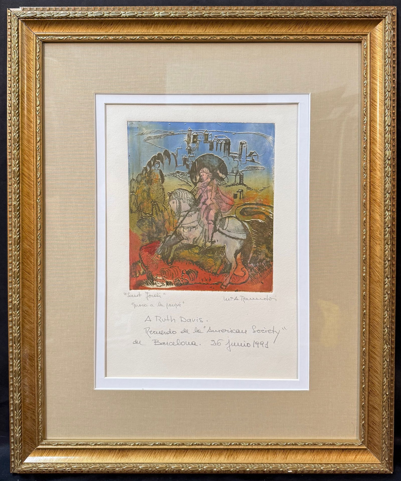 MARIA ASSUMPCIO RAVENTOS TORRAS (1930) HAND SIGNED, HAND COLORED ETCHING GIVEN TO U.S. AMBASSADOR,: Maria Assumpcio Raventos Torras (1930) hand signed, wood engraving on BFK Rives paper, titled Sant Jordi or Saint George Slaying the Dragon. It is hand signed in pencil in the lower right corner. It i