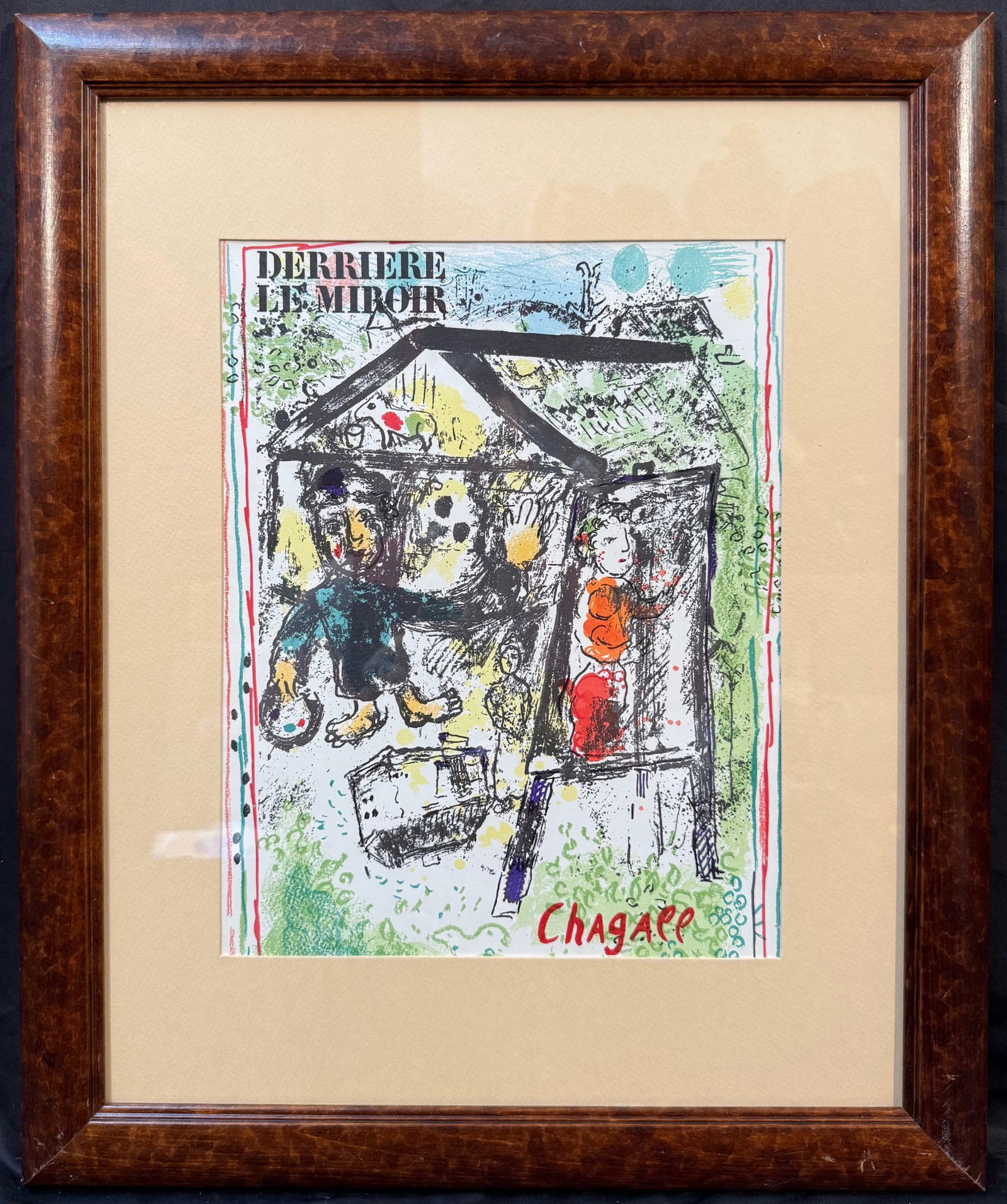 MARC CHAGALL (1887-1985) ORIGINAL LITHOGRAPH TITLED LE PEINTRE, DERRIER LE MIRIOR, 19IN x 23IN (48cm: Marc Chagall (1887-1985) original, limited-edition lithograph. It is titled Le Peintre, Derrier Le Mirior, and it was produced by Maeght Editeur, Paris for Derriere Le Mirior number 182. This piece wa