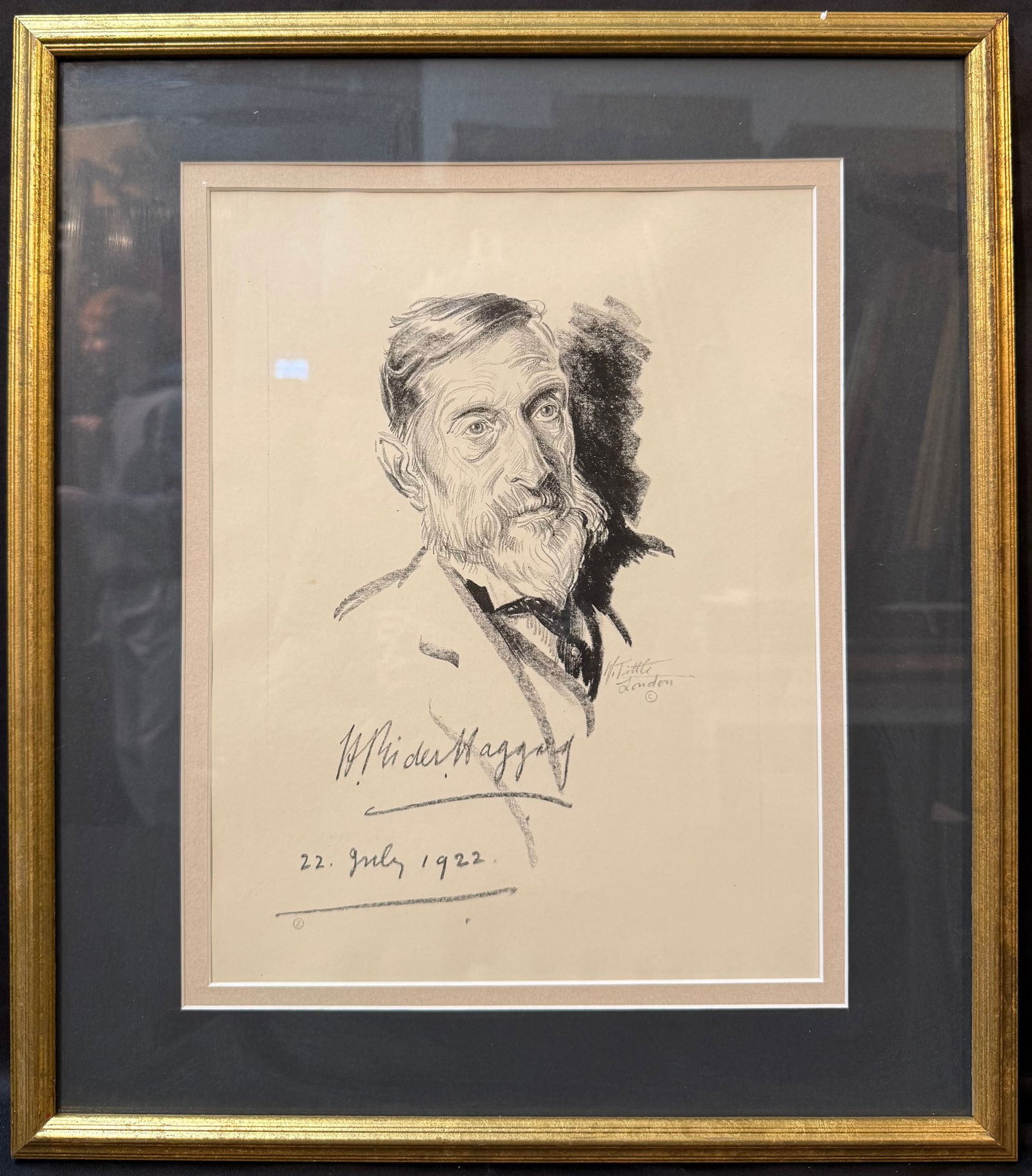 WALTER TITTLE (1883-1966) ORIGINAL LITHOGRAPH TITLED POTRAIT OF HENRY RIDER HAGGARD, 17IN x 20IN: Expressive portrait lithograph by American illustrator and portrait artist Walter Tittle titled Portrait of Henry Rider Haggard, depicting the celebrated British novelist of the same name. Executed in
