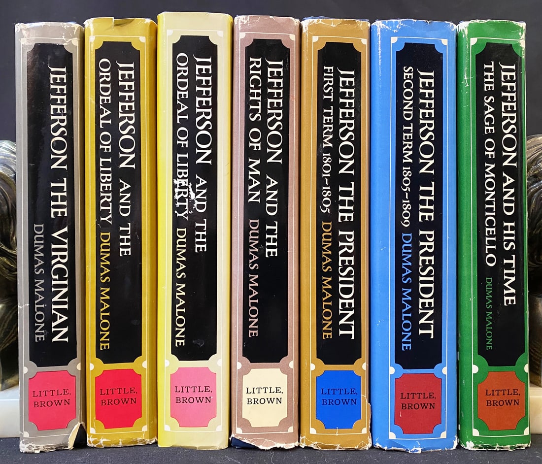 JEFFERSON AND HIS TIMES BY DUMAS MALONE, 6 VOLUMES PLUS ONE MORE BOOK: Boston. Little, Brown and Company. 6 volumes in Near Fine condition, each with issued dust jacket. 1948 through 1977. No markings or owners bookplate. All volumes are in unread condition. FREE SHIPPIN