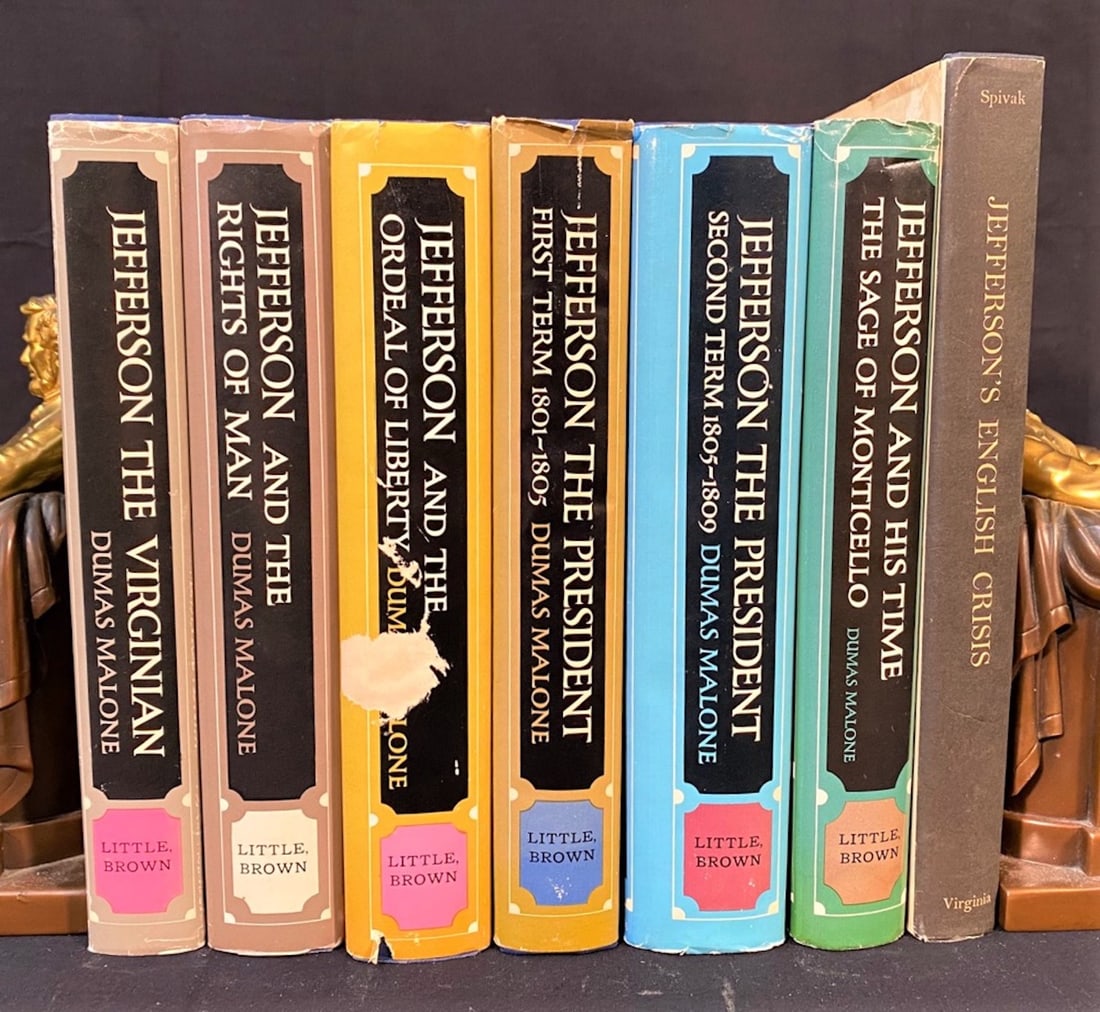 JEFFERSON AND HIS TIMES BY DUMAS MALONE, 3 VOLUMES SIGNED, 2 FIRST EDITIONS – 6 VOLUMES PLUS ONE: Boston. Little, Brown and Company. 6 volumes in Near Fine condition, each with issued dust jacket. 1948 through 1977. Volume 1 is a 16th printing, Volume 2 is an 10th printing, Volume 3 is signed, and