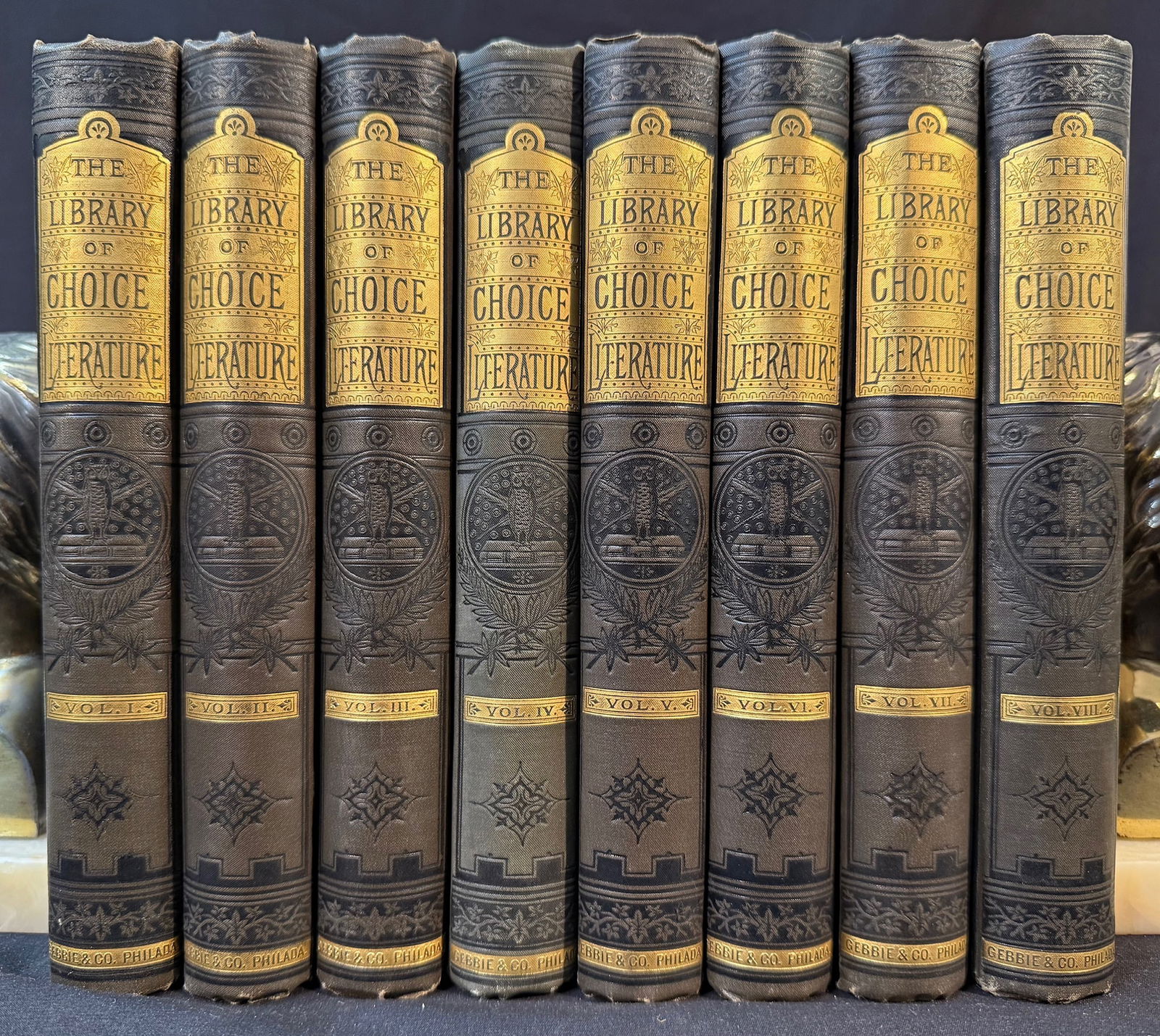 THE LIBRARY OF CHOICE LITERATURE, PROSE AND POETRY, 8 VOLUMES, 1881: Philadelphia. 1881. Gebbie and Company, Publishers. Complete in 8 volumes, all in Near Fine to Very Good++ condition. All bound in full, dark green cloth hard cover and embossed in gold and black on t