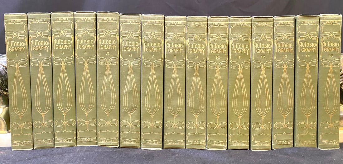 UNIVERSITY LIBRARY OF AUTOBIOGRAPHY, LIMITED EDITION, 15 VOLUMES, 1927: 1927. Cincinnati, OH. National Alumni Company. Complete in 15 volumes, with all volumes being in Very Good++ condition. All volumes are bound in green cloth, hard covers. This is a limited Members Edi