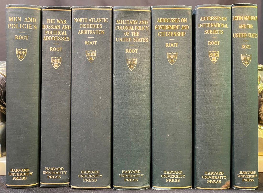ADDRESSES BY ELIHU ROOT, 7 VOLUMES, 1924: 1924. Cambridge, MA. Harvard University Press. All volumes are in Very Good+ to Very Good condition. 7 Volumes bound in green cloth with gold embossing on the spines for titles. No book plates or owne