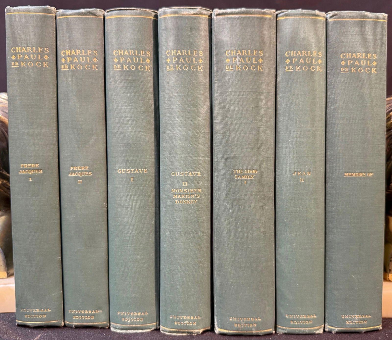 THE WORKS OF CHARLES PAUL DEKOCK, 13 VOLUMES, UNIVERSAL AND GREGORY EDITIONS, 1903: Boston. 1902-1904. The Frederick J. Quinby Company, Publishers. 13 volumes, all in Very Good+ to Very Good condition. All bound in full, green cloth hard cover and gold embossed on the spines for