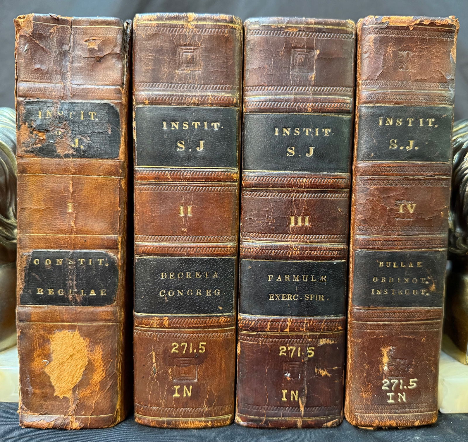 CONSTITUTIONES SOCEITATIS JESU, CUM EARUM DECLARATIONIBUS, 4 VOLUMES, 1827: 1827. Avenione, Italy. Ex Typographia Francisci Seguin, Publisher. Complete in 4 volumes. All volumes are in Very Good condition. Written entirely in Latin. All volumes are bound in full brown