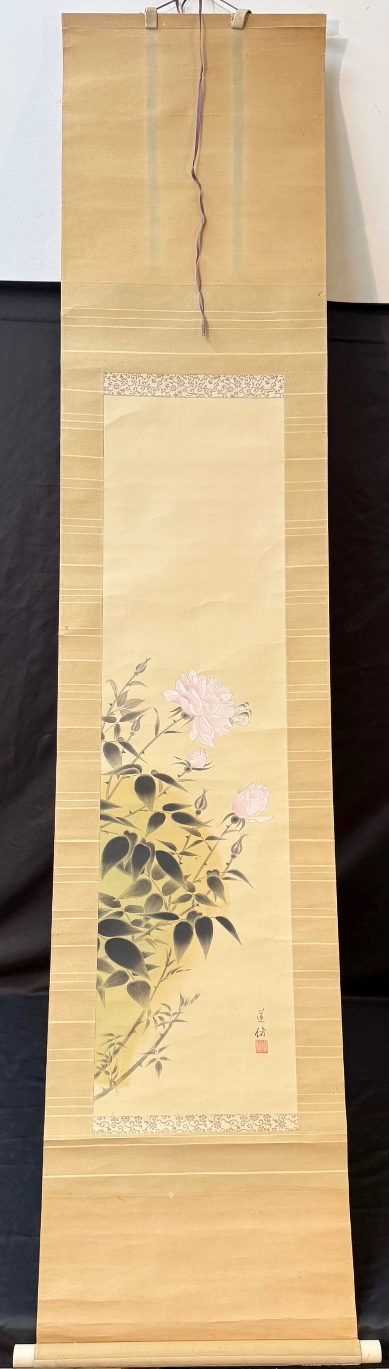 ANTIQUE JAPANESE INK AND COLOR HANGING SCROLL OF PEONIES AND BUTTERFLY, 18IN x 76IN (46cm x 193cm) (1 of 7)