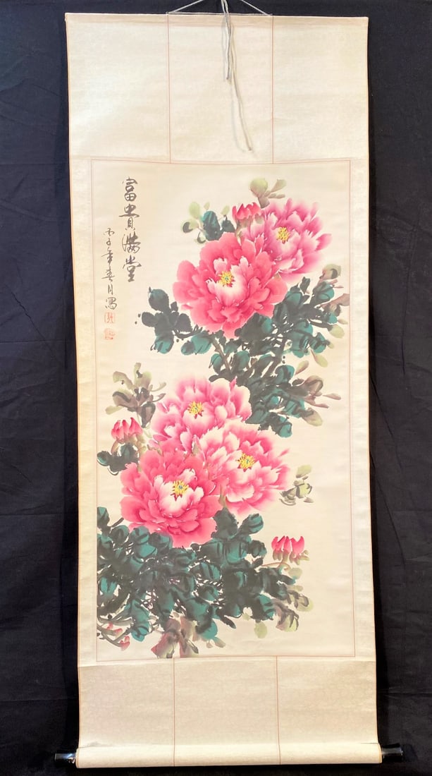 CHINESE SCROLL PAINTING OF LOTUS FLOWERS – 23 IN x 49 IN: A Chinese scroll painting depicting a several lotus flowers. Watercolor on paper. Signed and sealed in the upper right. The entire mat measures 23 inches x 49 inches. The subject, format, and other fa