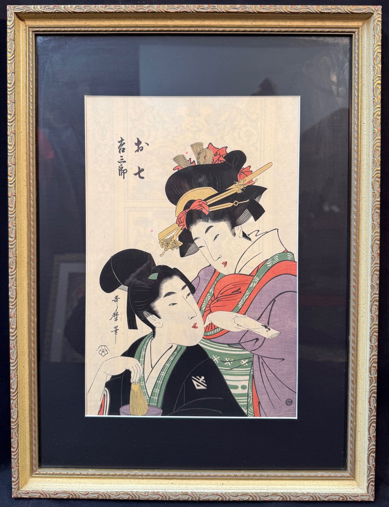 ANTIQUE JAPANESE WOODBLOCK PRINT BY KITAGAWA UTAMARO (1753-1806) TITLED BEAUTY AND THE YOUNG: Japanese woodblock print by Kitigawa Utamaro (1753-1806) titled Beauty and the Young Samurai. This piece is after the original which was created in the late 1700s. This piece is part of the famous Rob