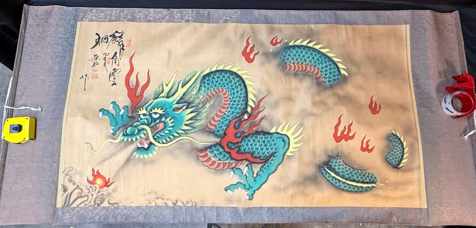 CHINESE DRAGON HANGING SCROLL TITLED RISING DRAGON RIDING THE CLOUDS, 1959, 32IN x 68IN (81cm x (1 of 2)