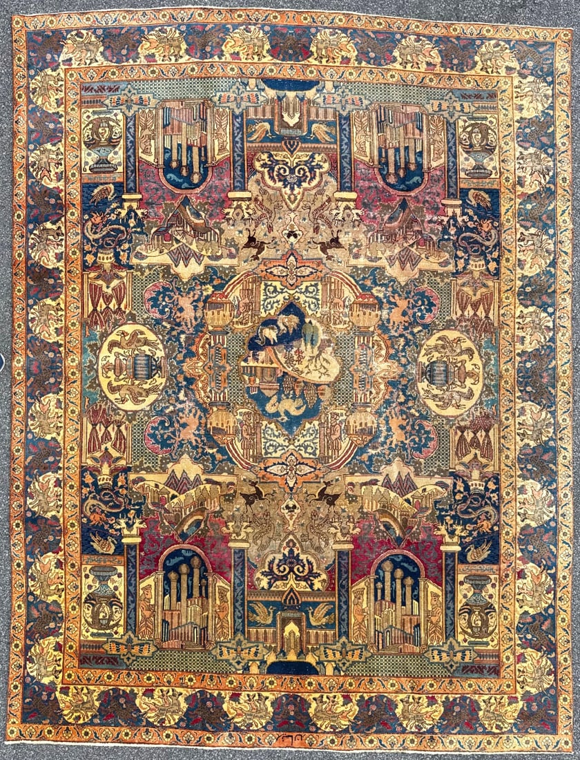 ANTIQUE PERSIAN KASHMAR ARCHEOLOGY HAND KNOTTED RUG, 9.2 x 12.0 (279cm x 366cm): Antique, Persian Kashmar Archeology rug was hand knotted in Iran of 100% natural wool on a cotton foundation. This rug is 100-110+ years old, has medium to low wool piles and is in excellent condition