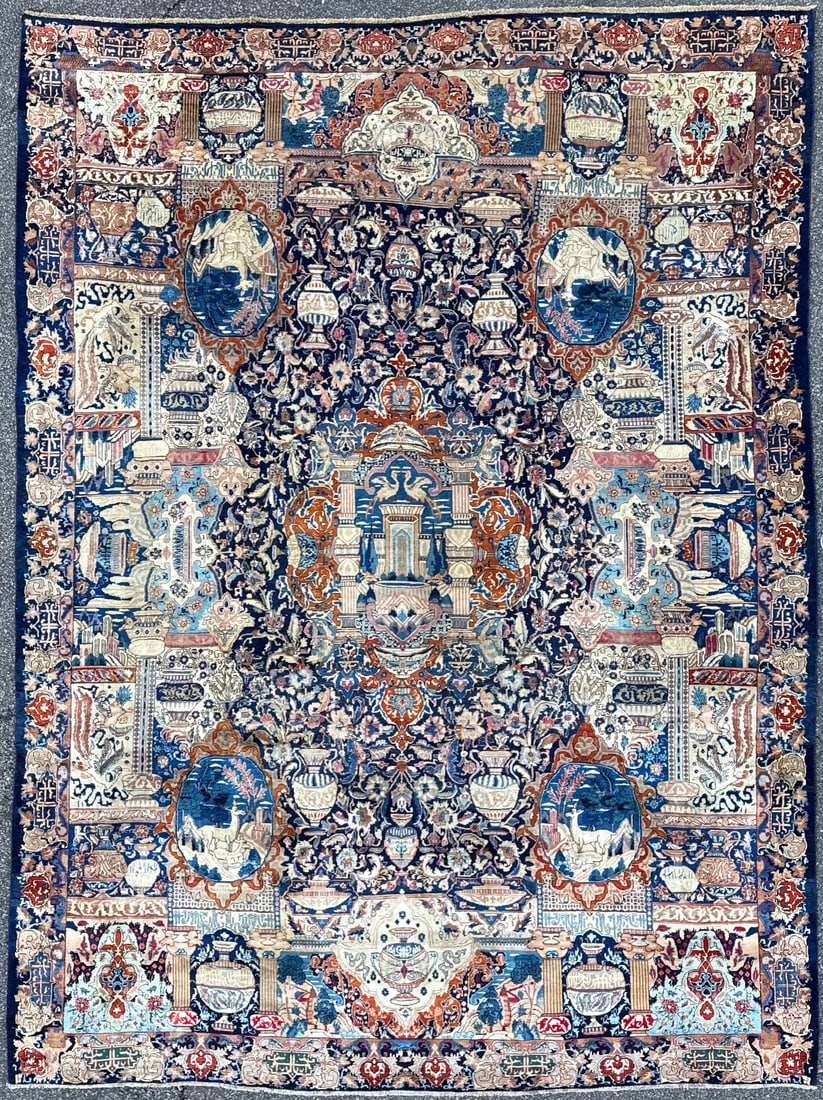 VINTAGE PERSIAN KASHMAR ARCHEOLOGY HAND KNOTTED RUG, 9.6 x 12.9 (290cm x 389cm): Vintage, Persian Kashmar Archeology rug was hand knotted in Iran of 100% natural wool on a cotton foundation. This rug is 70+ years old, has full wool piles and is in like new condition. Beautiful col