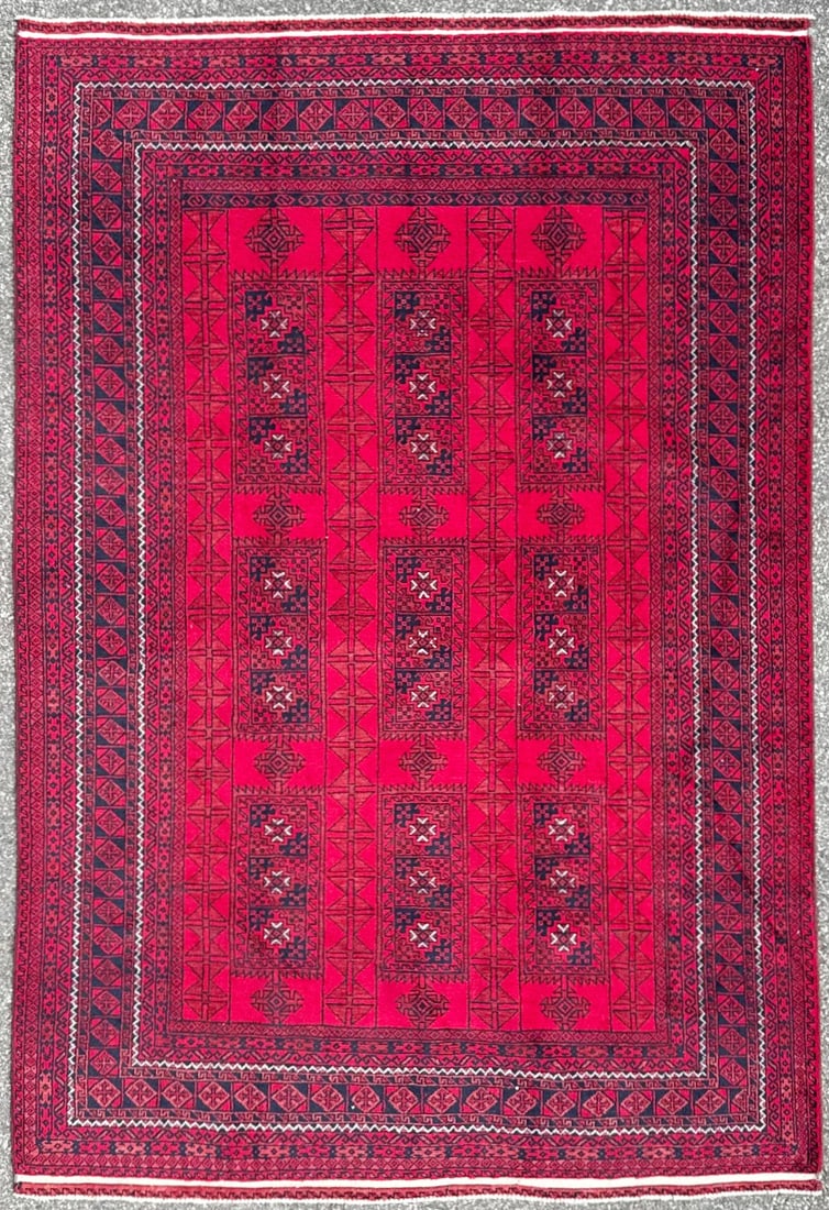 VINTAGE TURKEMAN HAND KNOTTED RUG, 6.4 x 9.3 (193cm x 282cm): Turkeman rug was hand knotted in Afghanistan of 100% natural wool on a cotton foundation. This rug is 50+ years old, has full, even, wool piles and is in like new condition. Beautiful colors with exce
