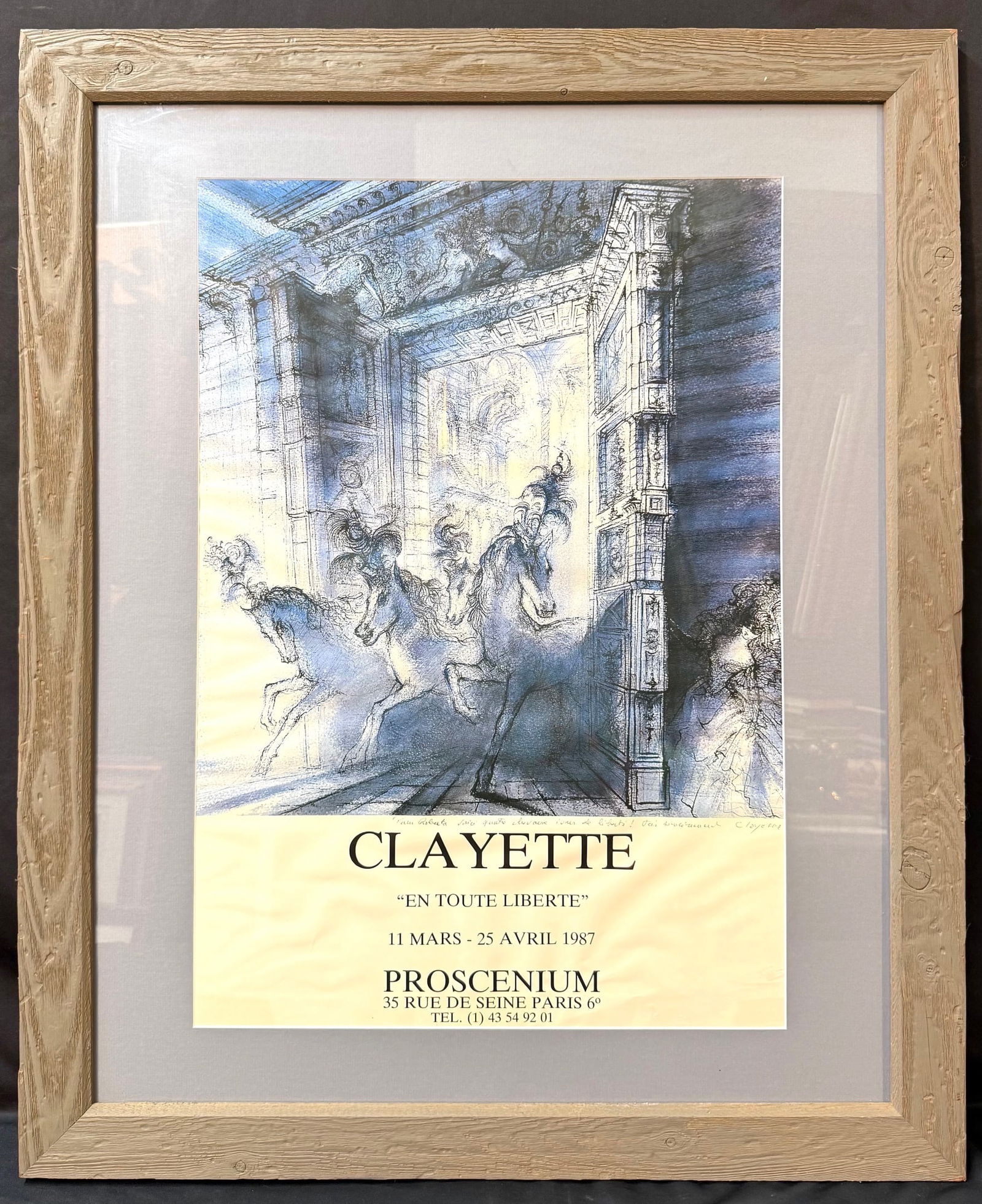 PIERRE CLAYETTE (1930-2005) EN TOUTE LIBERTE, HAND SIGNED PARIS EXHIBITION POSTER AT THE PROSCENIUM: An exhibition poster created for the Paris gallery exhibition “En Toute Liberté” by noted French artist Pierre Clayette (1930–2005), held at Proscenium Gallery, 35 Rue de Seine, Paris (Sain
