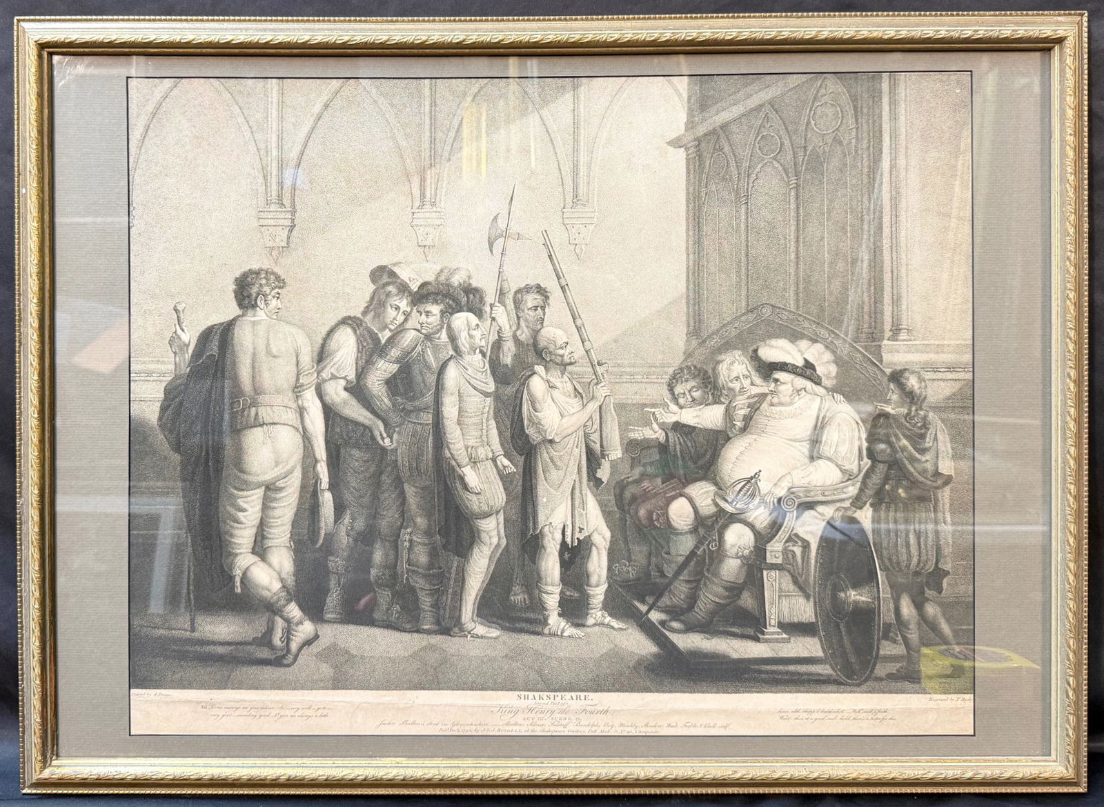 SHAKESPREARE HENRY IV, THOMAS RYDER (1746-1810) AFTER JOHN DOWNMAN (1750-1824) FROM BOYDELL: An original, large 18th-century stipple engraving depicting a scene from William Shakespeare’s Second Part of King Henry the Fourth, Act III, Scene II, featuring the famous character Sir John Falsta