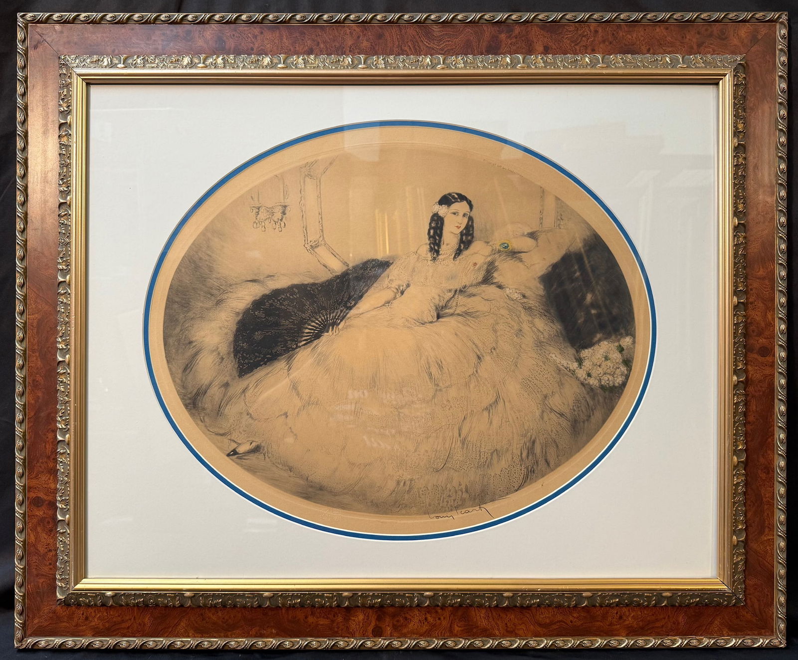 LOUIS ICART (1988-1950) HAND SIGNED, ORIGINAL ETCHING, DRYPOINT AND AQUATINT TITLED BLACK FAN WITH: Hand signed, original etching and aquatint with touches of hand coloring on thick wove paper, by celebrated French artist Louis Icart (1988-1950) titled Black Fan. It is hand signed in by Louis Icart