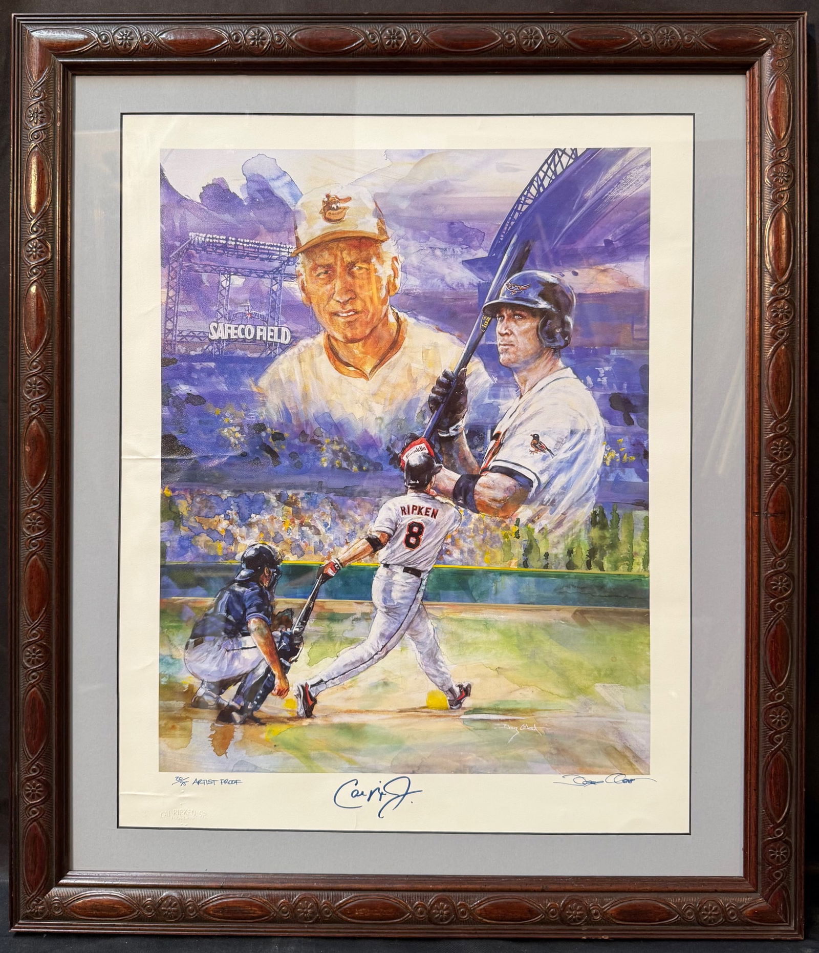 DOUG CAVANAGH (1959) CAL RIPKEN JR HAND SIGNED ARTIST’S PROOF PRINT, 21.5IN x 24IN (53cm x 61cm): This striking limited-edition fine art print honors baseball legend Cal Ripken Jr., celebrating his iconic career through a dynamic watercolor composition by noted sports artist Doug Cavanagh. The art