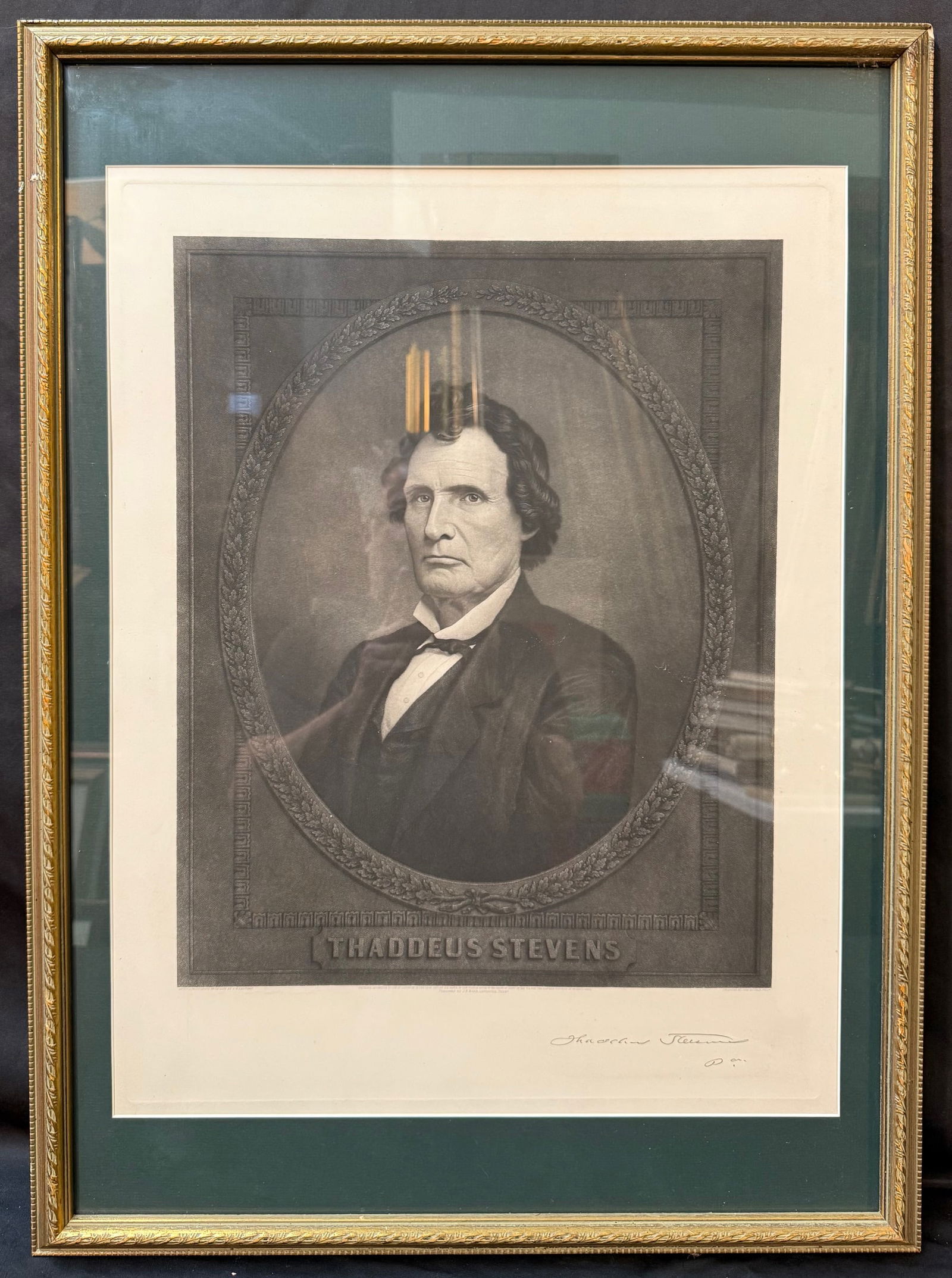 THADDEUS STEVENS (1792-1868), IMPORTANT CIVIL WAR ERA PORTRAIT ENGRAVING BY JOHN SARTAIN,: Striking Civil War-era political portrait engraving of Thaddeus Stevens, one of the most influential figures in the United States Congress during the American Civil War and Reconstruction period. The