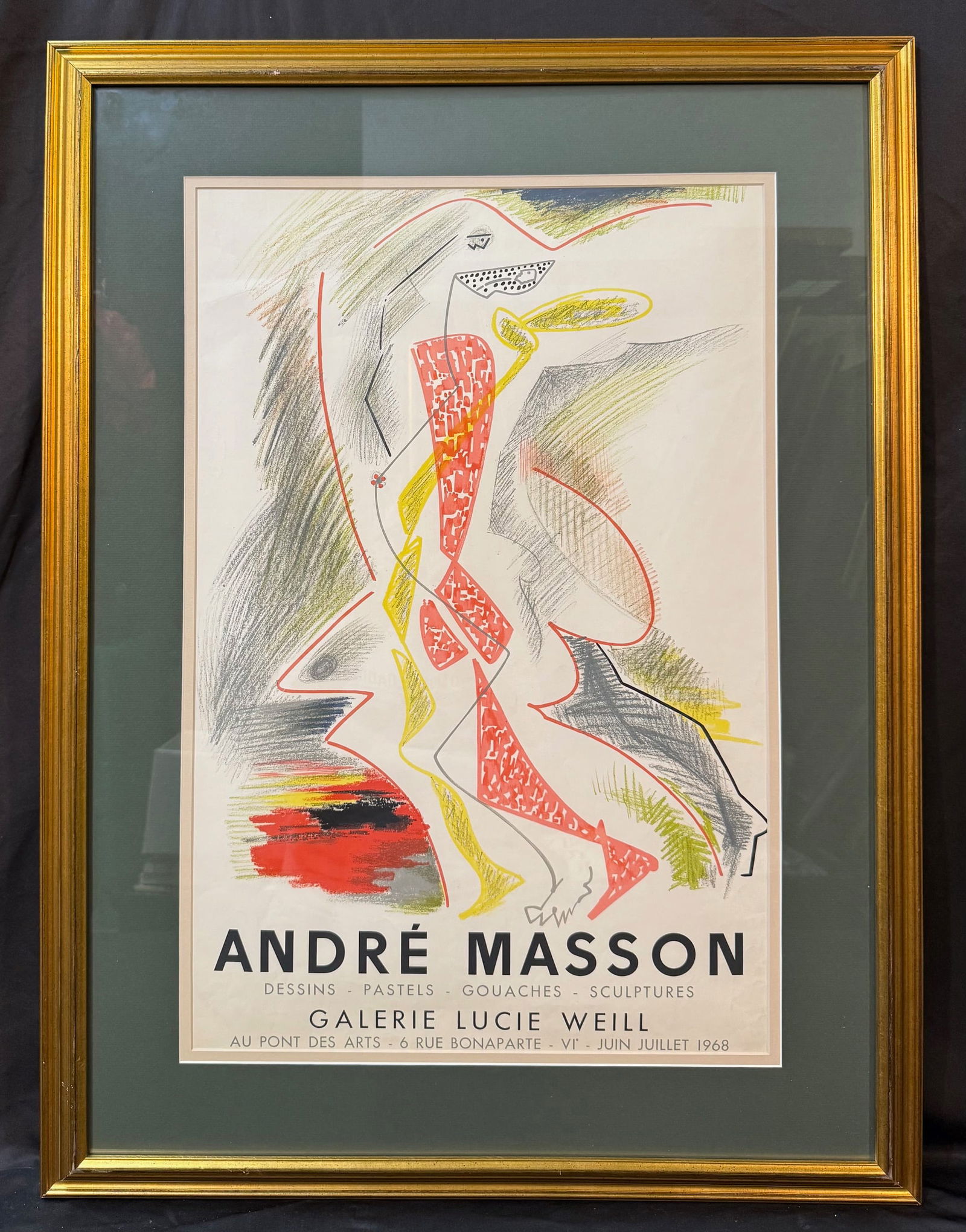 ANDRE MASSON (1896-1987) ORIGINAL GALERIE LUCIE WEILL ART EXHIBITION LITHOGRAPH, 28.5IN x 37.5IN: Andre Masson (1896-1987) original exhibition lithograph for the exhibit at Galerie Lucien Weill in 1968 in Paris, France. The underlying piece is titled La Danse, which is after the original which was