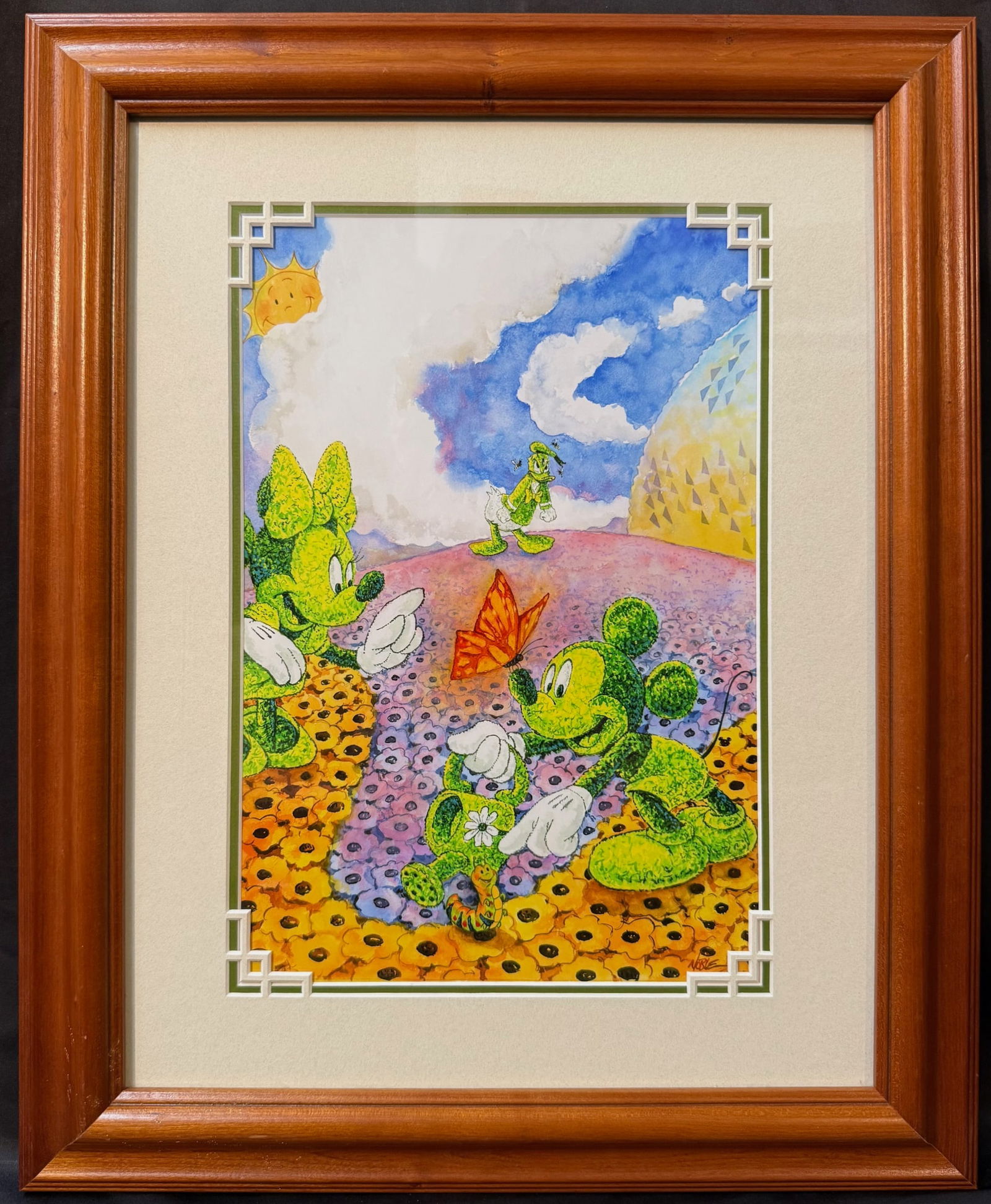 RANDY NOBLE (20 TH CENTURY) PRINT TITLED FLOWER AND GARDEN TOPIARIES, MICKEY AND MINNIE, 17.5IN x: Print by American Disney artist Randy Noble (20th Century) titled Flower and Garden Topiaries, Mickey and Minnie. The artwork features Mickey Mouse and Minnie Mouse, along with Donald Duck in the back