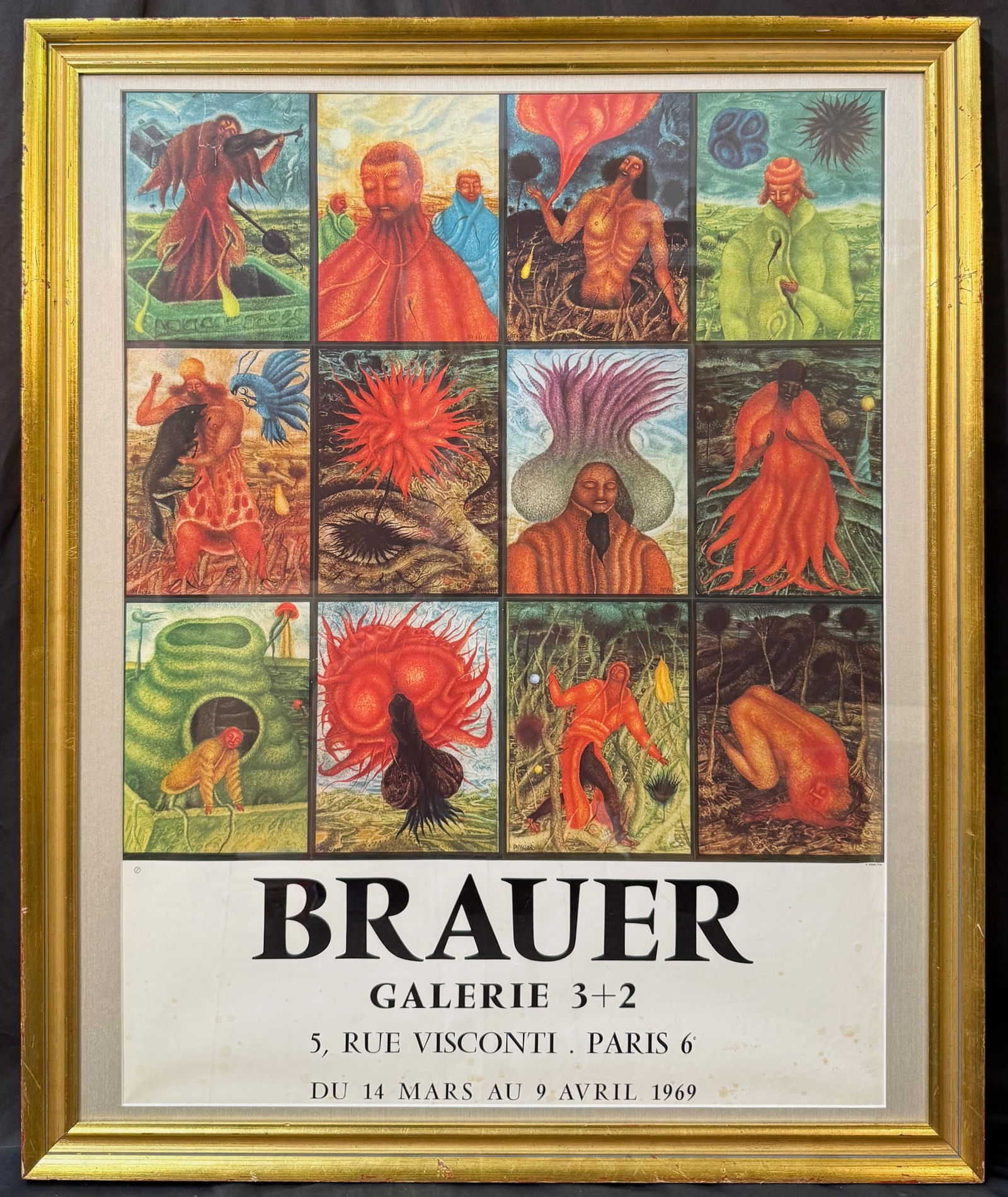 ORIGINAL ARIK BRAUER (1929-2021) ART EXHIBITION POSTER AT GALERIE 3+2 IN PARIS, 28.5IN x 34.5IN: Arik Brauer (1929-2021) original exhibition poster for his show at Galerie 3+2 in Paris in 1969. The underlying piece is a typical example of Brauer’s surrealistic style. This piece was printed by G