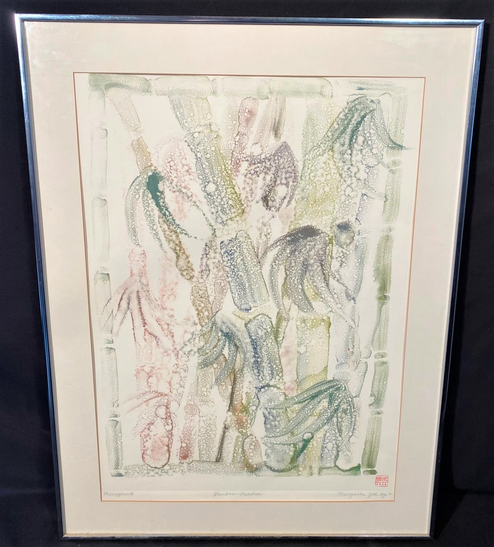 MARGUERITE JILL DYE (20 th CENTURY) ORIGINAL WATERCOLOR MONOPRINT PAINTING ENTITLED BAMBOO PARADISE: Original watercolor monoprint painting by Virginia artist Marguerite Jill Dye (20th century) titled “Bamboo Paradise”. This piece is typical of her works which tend to focus on nature and the
