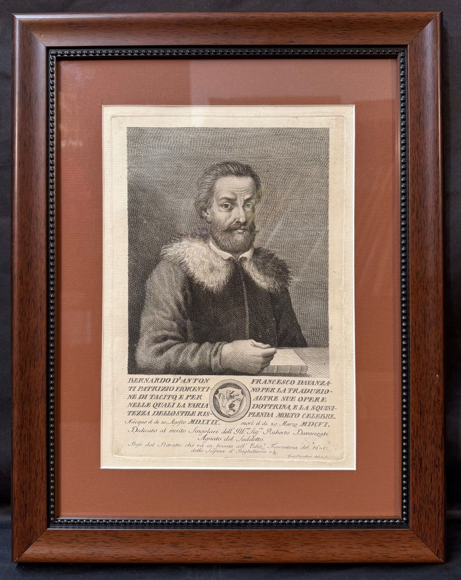 FRANCESCO D’AURORA (17 th CENTURY) ENGRAVING OF BERNARDO D’ANTONI, 14.5IN x 18.5IN (37cm x: This finely executed copperplate engraving on laid paper that depicts Bernardo D’Antoni, a Florentine patrician, jurist, and humanist scholar renowned for his translations and commentaries on Tacitu