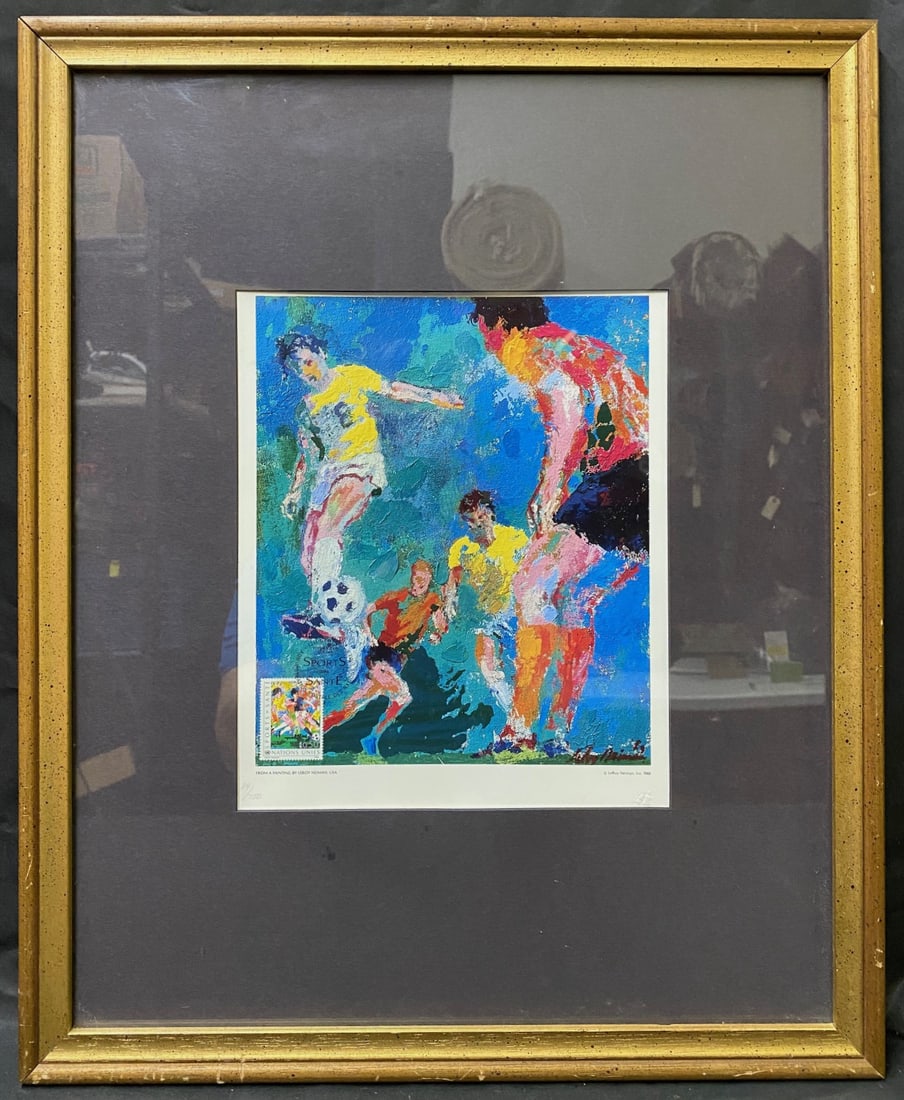 LEROY NEIMAN (1921-2012) LIMITED EDITION PHILATELIC LITHOGRAPH WITH U.N. STAMP, 17.5IN X 21.5IN: Limited edition, philatelic lithograph by celebrated American artist Leroy Neiman (1921-2012). It is a limited edition, it being 119/750. It is signed in plate by the artist and it was printed in 1988