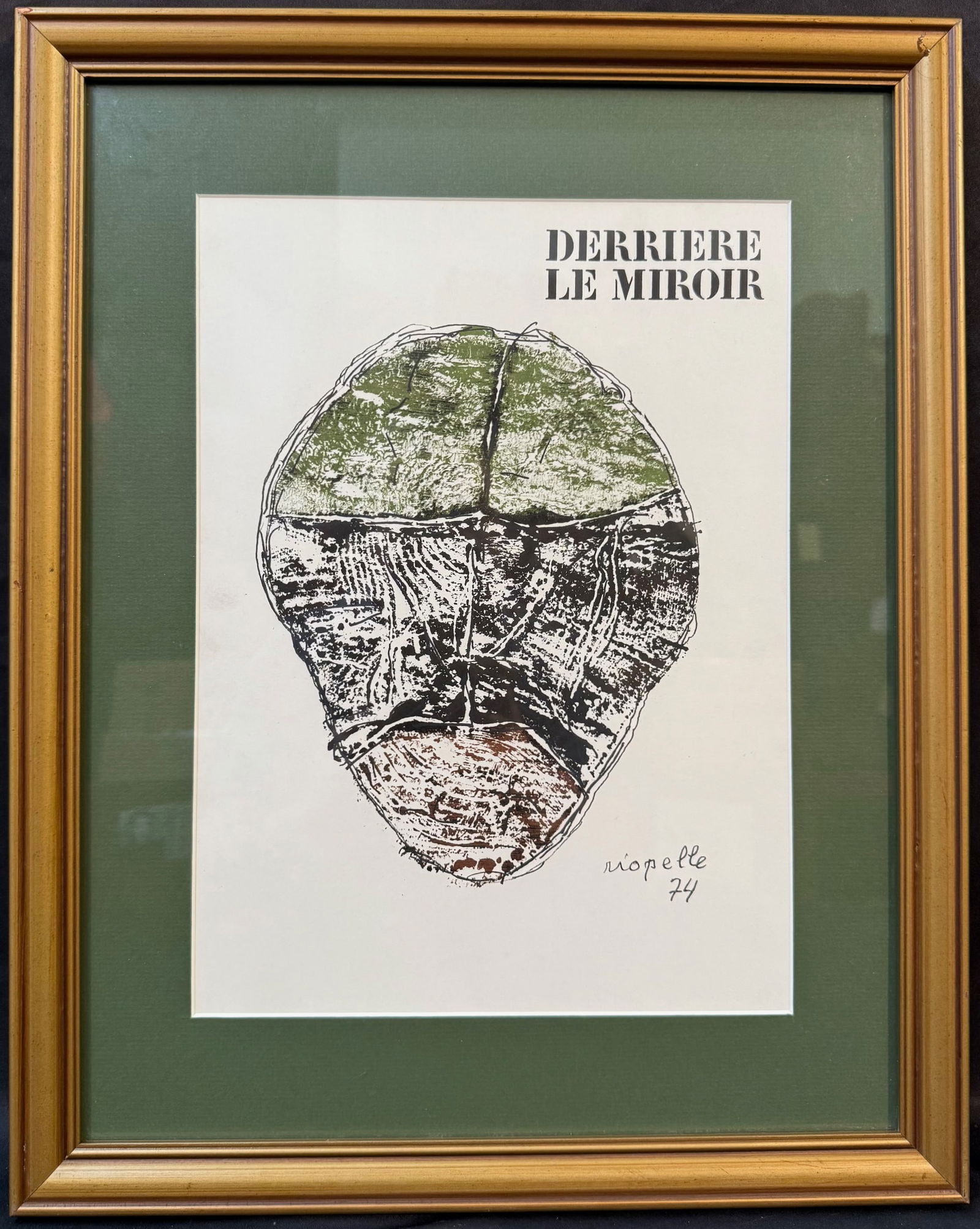 JUAN-PAUL RIOPELLE (1923-2002) ORIGINAL LITHOGRAPH, 16IN x 19IN (41cm x 48cm): Juan-Paul Riopelle (1923-2002) original lithograph. This lithograph was produced in 1974 in Paris by Gallery Maeght Paris for Derriere le Mirior 208. It is matted and framed under glass in a golden fr