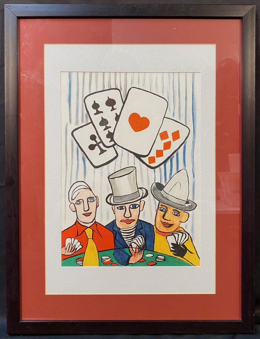 ALEXANDER CALDER (1898-1976) LIMITED EDITION LITHOGRAPH TITLED THREE CARD PLAYERS, 18.5IN x 24.5IN: Alexander Calder (1898-1976) limited edition lithograph titled Three Card Players. This lithograph was produced in 1976 in Paris by Maeght Editeur and is a limited edition of 2000. It is matted and fr