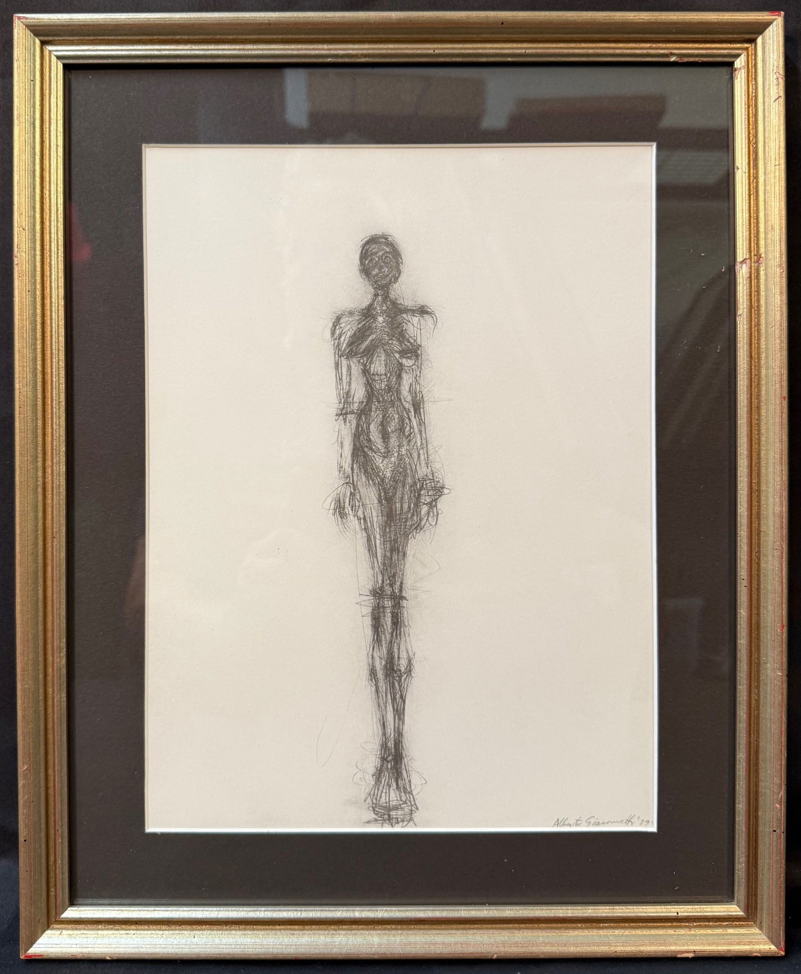ALBERTO GIACOMETTI (1901-1966) ORIGINAL LITHOGRAPH TITLED FIGUR, 13IN X 16IN (33cm x 41cm): Original lithograph by Swiss artist Alberto Giacometti (1901-1966) titled Figur. This piece is after the original which was drawn in 1965 for a collection of his works titled Alberto Giacometti Dessin