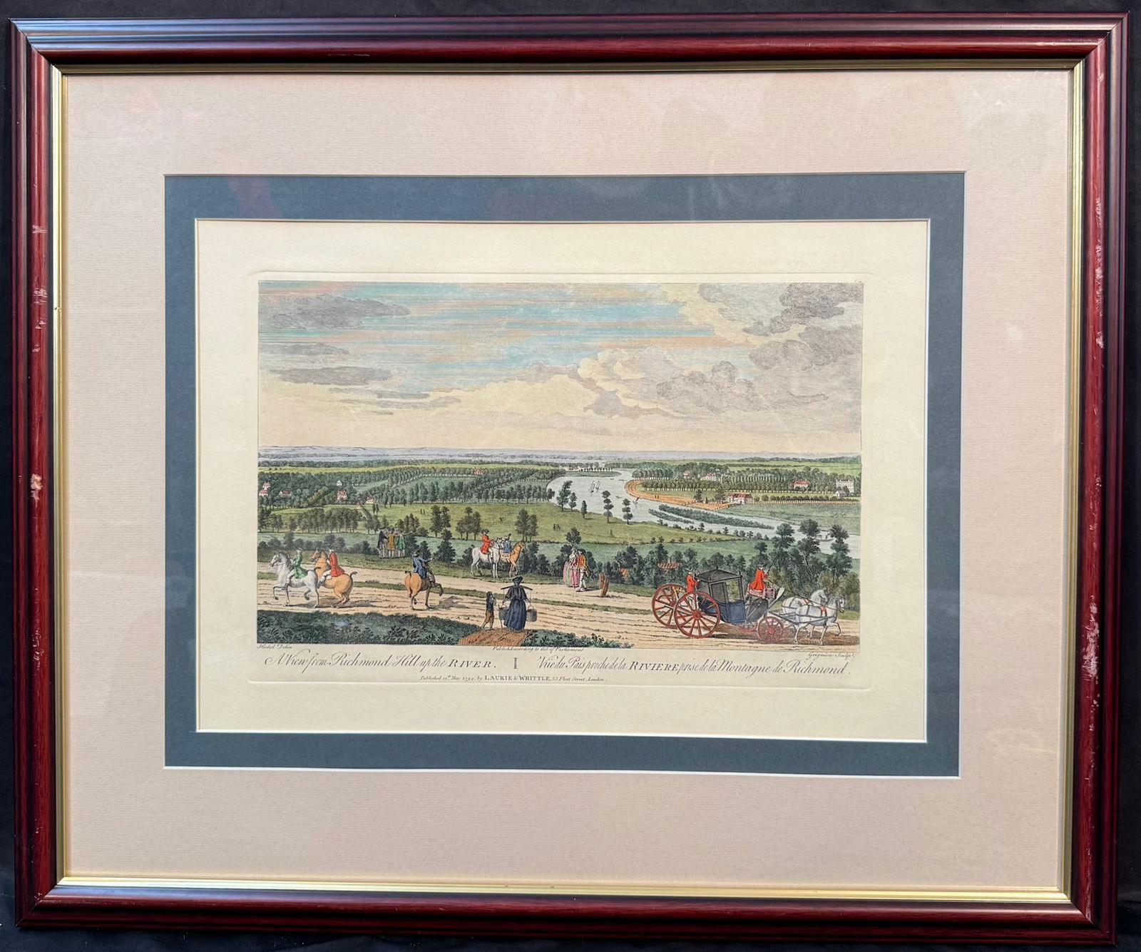 AUGUSTIN HECKEL DELIN (1690-1770) ORIGINAL ETCHING AND AQUATINT TITLED A VIEW FROM RICHMOND HILL, UP: Etching and aquatint by celebrated British artist Augustin Heckel Delin (1690-1770). It is titled A View From Richmond Hill, Up the River, and it is after the original which was produced in 1752. This