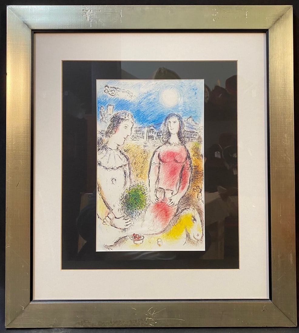 MARC CHAGALL (1887-1985) ORIGINAL LITHOGRAPH TITLED LE COUPLE AU CREPUSCULE, 21.5IN x 24IN (55cm x: Marc Chagall (1887-1985) original, limited-edition lithograph. It is titled Le Couple Au Crepuscule, and it was produced by Maeght Editeur, Paris for Derriere Le Mirior number 246. This piece was prod