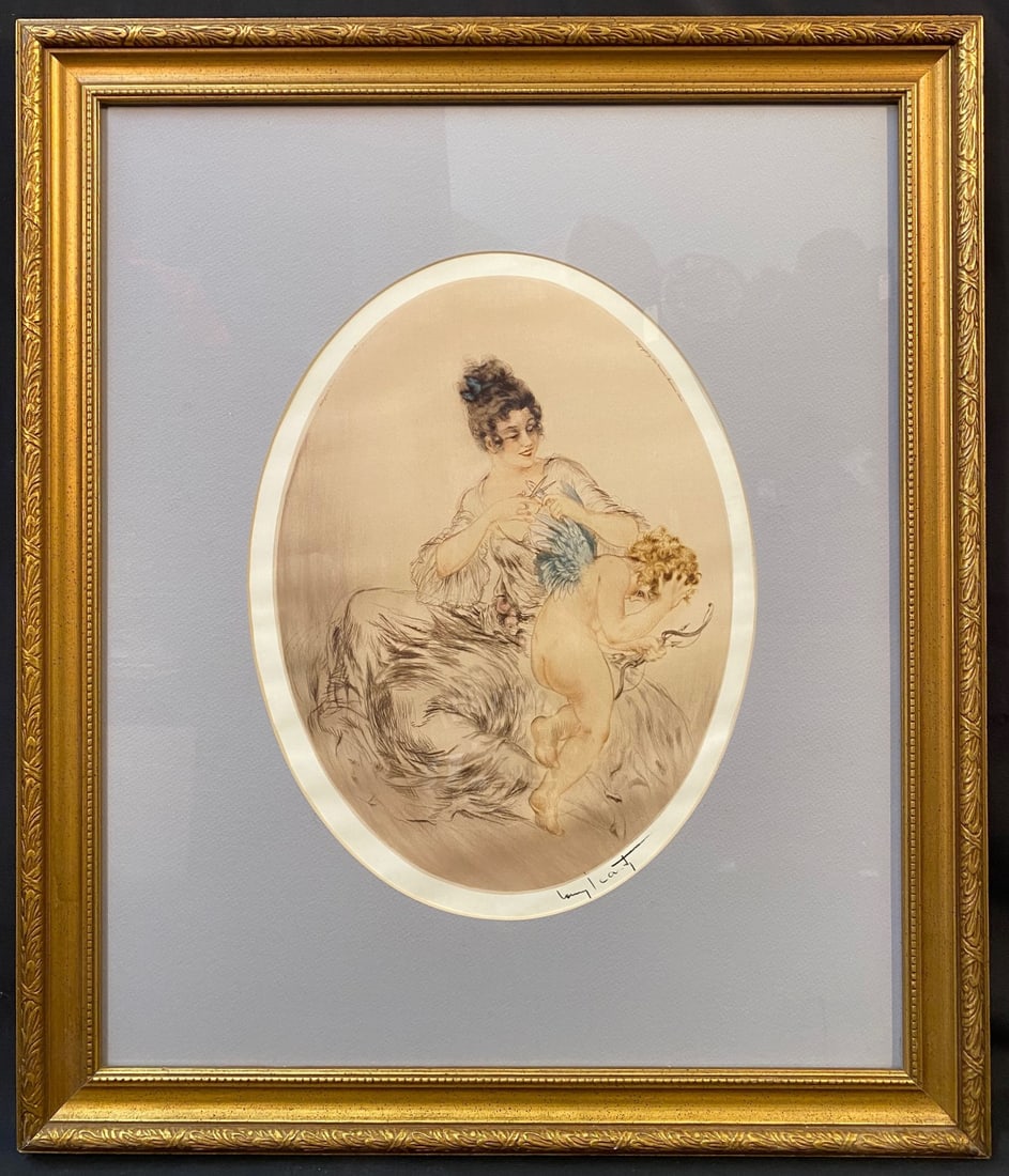 LOUIS ICART (1988-1950) LITHOGRAPH TITLED CLIPPED WINGS, 23IN x 28IN (58cm x 71cm): Lithograph by celebrated French artist Louis Icart (1988-1950) titled Clipped Wings, after the original which was painted in 1922. In the right lower border, it is signed in plate by Louis Icart. It m