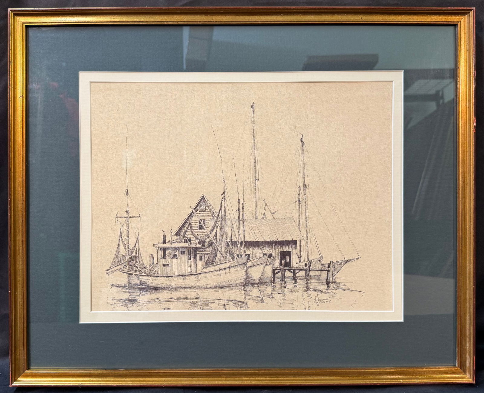 ANTHONY SHEMROSKE (1921-2004) LITHOGRAPH TITLED DOCKED FISHING BOAT, 19IN x 23.5IN (48cm x 60cm): Lithograph titled Docked Fishing Boat by Anthony Shemroske (1921-2004). This lithograph is after the original which was drawn in 1969. The artwork exemplifies Shemroske's recurring themes of nautical