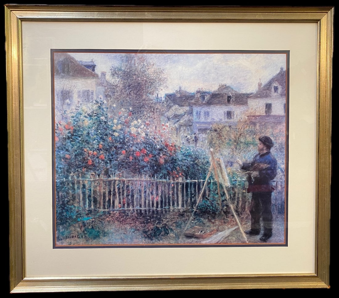 PIERRE AUGUSTE RENOIR (1841-1919) LITHOGRAPH TITLED CLAUDE MONET PAINTING IN HIS GARDEN AT: Pierre Auguste Renoir (1841 to 1919) lithograph titled Claude Monet Painting in his Garden at Argenteuil, after the original which was painted in 1873 and now hangs in the Wadsworth Atheneum Museum in