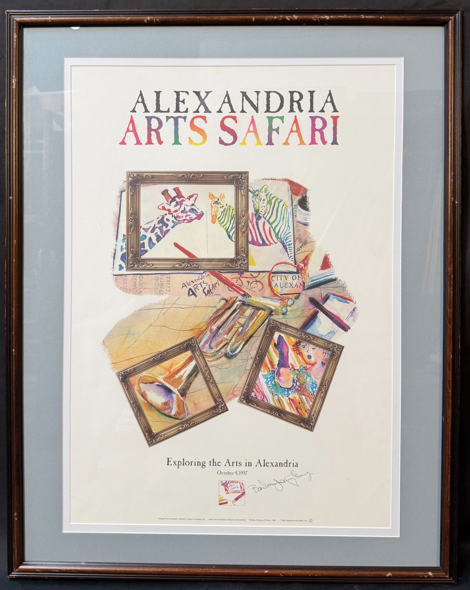 BARBARA JANUSZKIEWICZ (1955) HAND SIGNED, ART EXPOSITION LITHOGRAPH, 25IN x 38IN (64cm x 97cm): This vibrant signed lithographic poster was produced to commemorate Alexandria Arts Safari: Exploring the Arts in Alexandria, a city-wide cultural arts event held in Alexandria, Virginia, on October 4