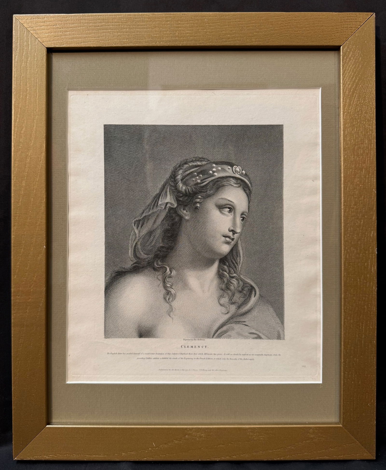 THOMAS HOLLOWAY (1748-1827) 18 th CENTURY ENGRAVING TITLED CLEMENCY, 13IN x 16IN (33cm x 41cm): This refined late-18th-century engraving titled Clemency by Thomas Holloway (1748-1827). Holloway was one of the most accomplished English engravers of the Enlightenment period. This engraved image is