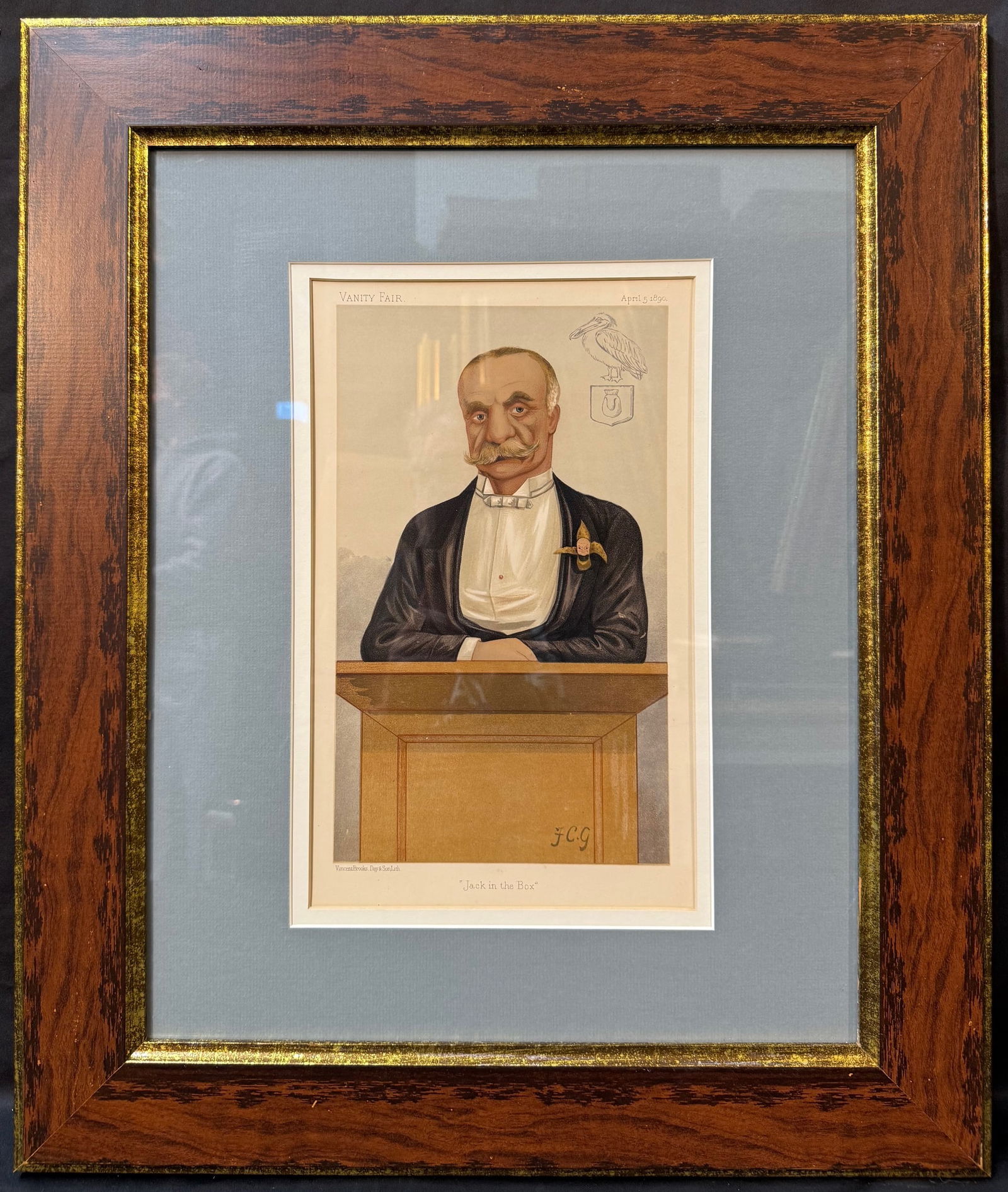 ORIGINAL VANITY FAIR CARICATURE OF BERNARD ANGLE WITH COA, 1890, 21.5IN x 25.5IN (55cm x 65cm): Original 19th-century Vanity Fair color lithograph depicting Bernard John Angle, the celebrated British athlete, boxer, oarsman, and stock exchange figure. Issued April 5, 1890, this caricature forms