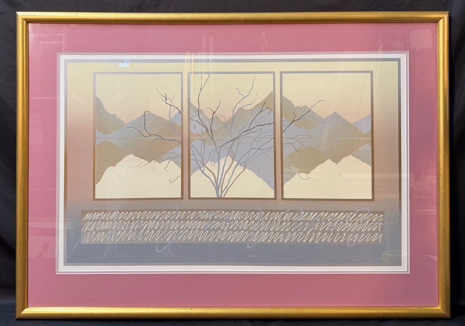 JOY BROE (20 th CENTURY) ABSTRACT LANDSCAPE LIMITED EDITION, HAND SIGNED SERIGRAPH, 33IN x 46IN: Contemporary American serigraph by Joy Broe titled Confetti. It features a serene, triptych-style abstract landscape composition. The image is structured into three framed panels depicting softly laye