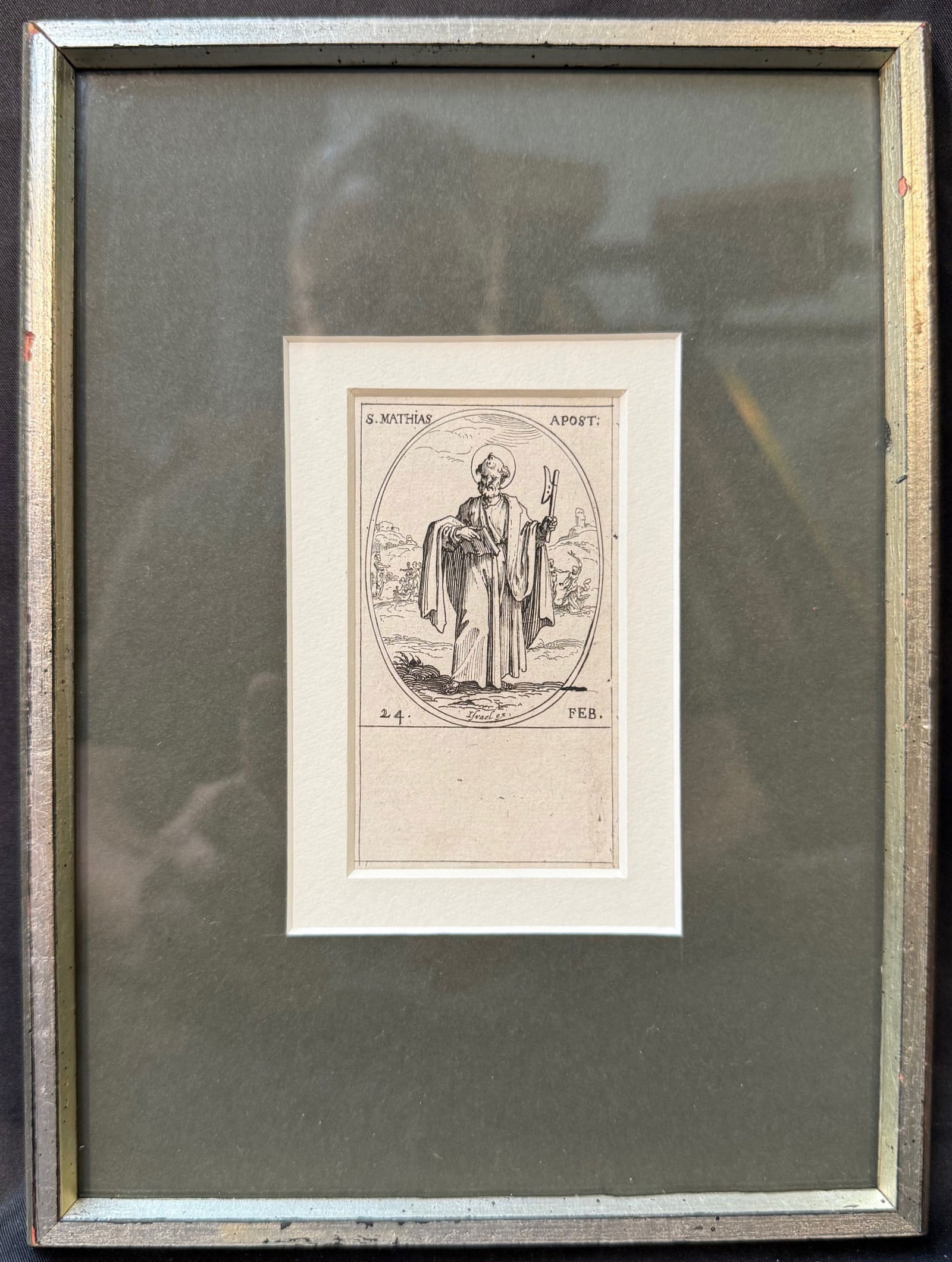 JACQUES CALLOT (1592-1635) ORIGINAL ETCHING S. MATHIAS APOTRE, 7.25IN x 9.25IN (18cm x 23cm) WITH: Original etching by French artist Jacques Callot (1592-1635) titled S. Mathias Apotre (Saint Matthew the Apostle). This piece was created in 1636 and it has an Albertina VerauBert collectors stamp on