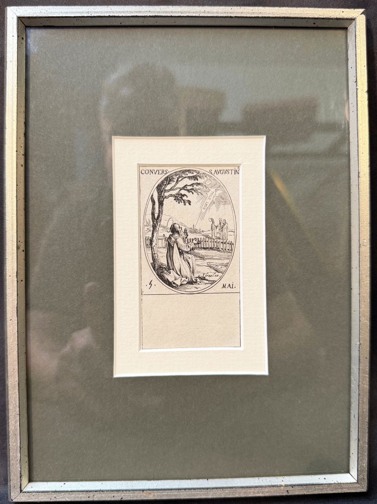 JACQUES CALLOT (1592-1635) ORIGINAL ETCHING TITLED CONVERSION DE S. AUGUSTIN, 7.25IN x 9.25IN (18cm: Original etching by French artist Jacques Callot (1592-1635) titled Conversion de S. Augustin (Conversion of St. Augustine). This piece was created in 1636 and it is part of the Les Images De Tous Les