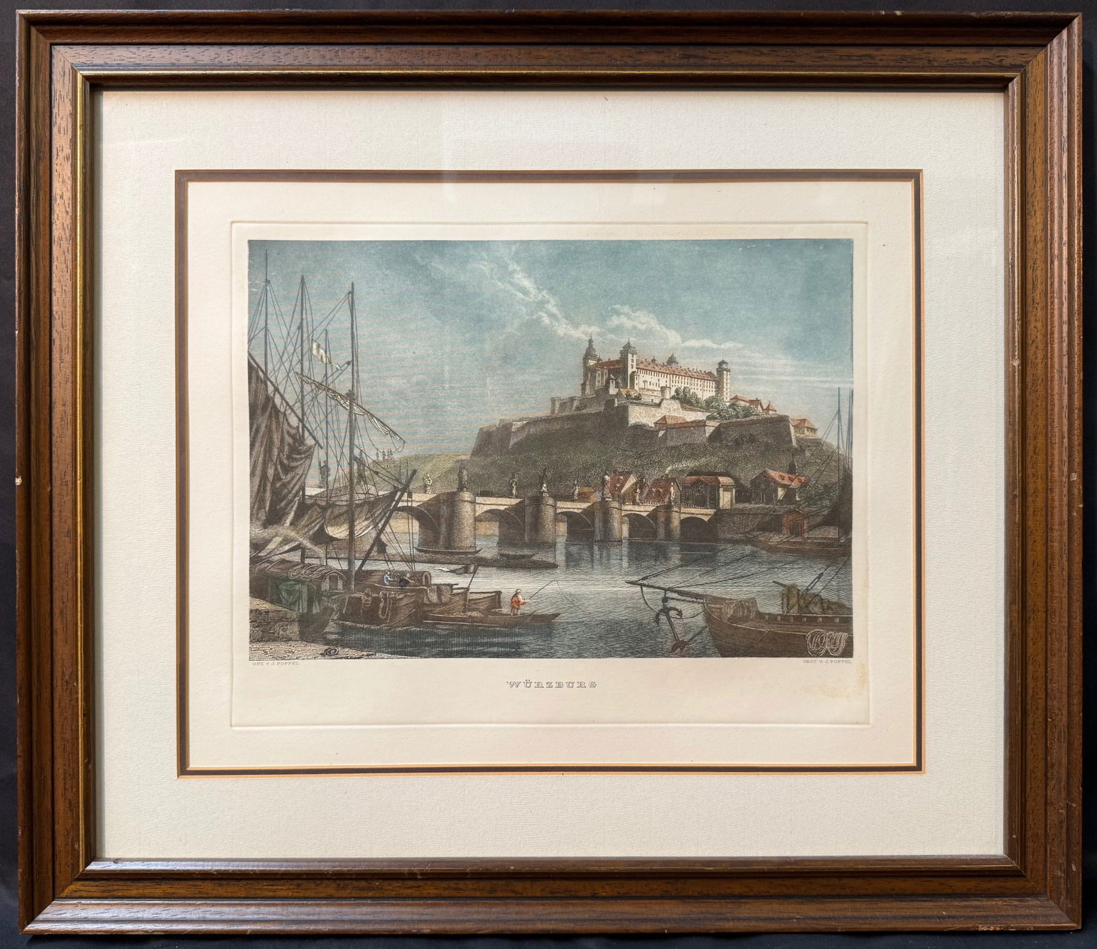 19 th CENTURY GERMAN HAND COLORED ENGRAVING OF WURZBURG, AFTER JOHANN GABRIEL FRIEDRICH POPPEL WITH: Finely detailed 19th-century German topographical engraving depicting the historic city of Würzburg, viewed across the Main River. The composition centers on the celebrated Old Main Bridge (Alte Main