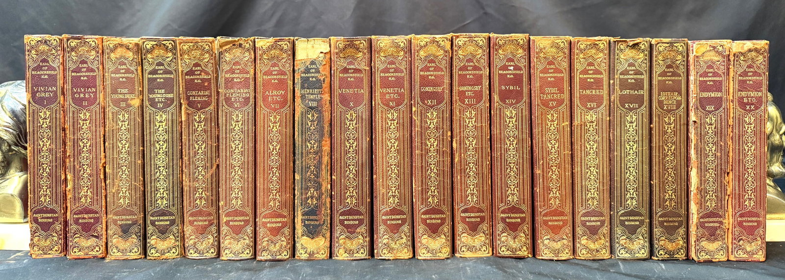THE WORKS OF BENJAMIN DISRAELI (1804-1881), EARL OF BEACONSFIELD, 20 VOLUMES, 1903-1905: Superb limited “Crown Edition” set of the complete works of Benjamin Disraeli, British Prime Minister, novelist, and statesman, issued in a strictly limited edition of only 999 numbered sets.